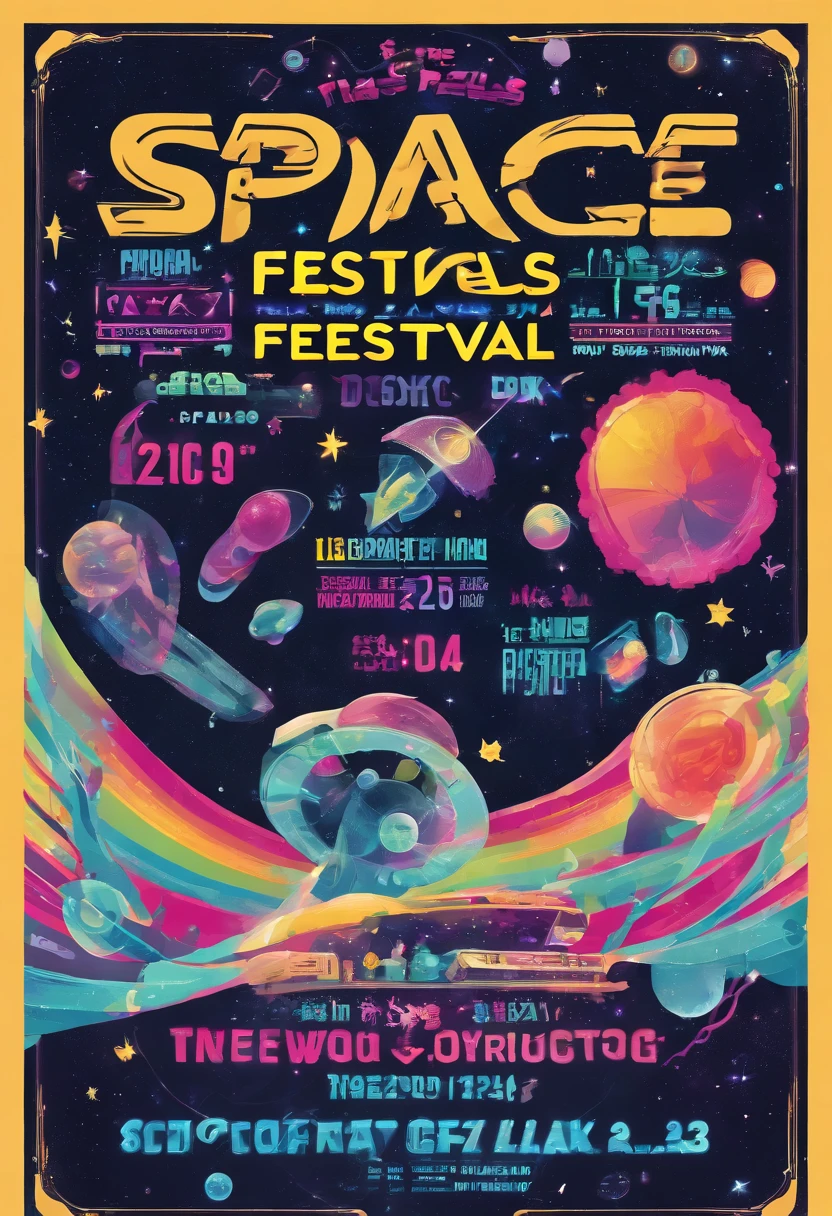 The music festival poster ,Bold letters and event logo, jellyfish and large bubbles, Six musicians in the center of the picture