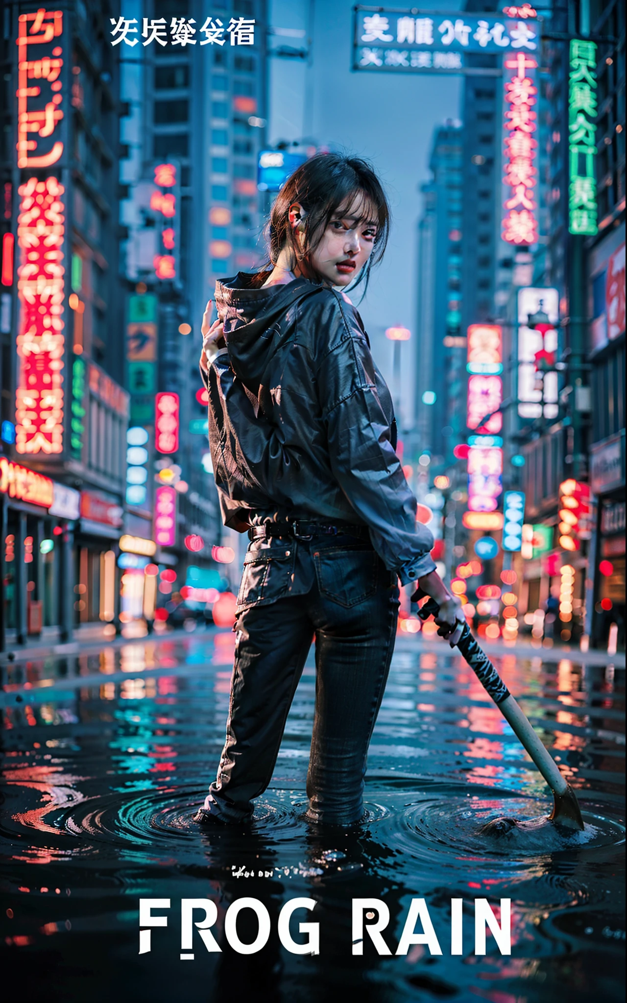 The realistic photo, Movie poster, movie title says:"frog" with small text says:"black rain," shows the deep submerged city of Tokyo with a sexy, short hair teenage girl wearing a modern boyish, White T-shirt and black slim denim with light cybernetic, clear rain jacket, she is holding a long katana, cool posing, realistic photo, beautiful rendering of the water surface reflecting, The flickering pink and orange neon sign says:"frog", 8k, wallpaper, (incredibly_absurdres,huge_filesize:1.37),(​masterpiece:1.37),(top-quality:1.37),(realisitic,Photorealsitic:1.2),Ray traching,Realistic lighting,(illuminations,Glow),((film grains:1.37)),(Exquisite details and textures:1.2),(8K分辨率:1.2),(ultra -detail:1.2),(Sharp Focus 1.2),(RAW Photography:1.0),(Beautiful Detail Face、Beautiful Detail Eye、 radiant eyes、long eyeslashes、blush of the nose:1.2)、((((perfect anatomia))))、full bodyesbian、ceremony、1girl in、独奏、a beauty girl、high class、(A slender:1.37)、(cute  face)、(Natural glowing skin:1)、(Detailed natural beautiful skin、detailed skin textures、Detailed black hair、Well-formed hairstyles)、Facial light、(ciinematic light)