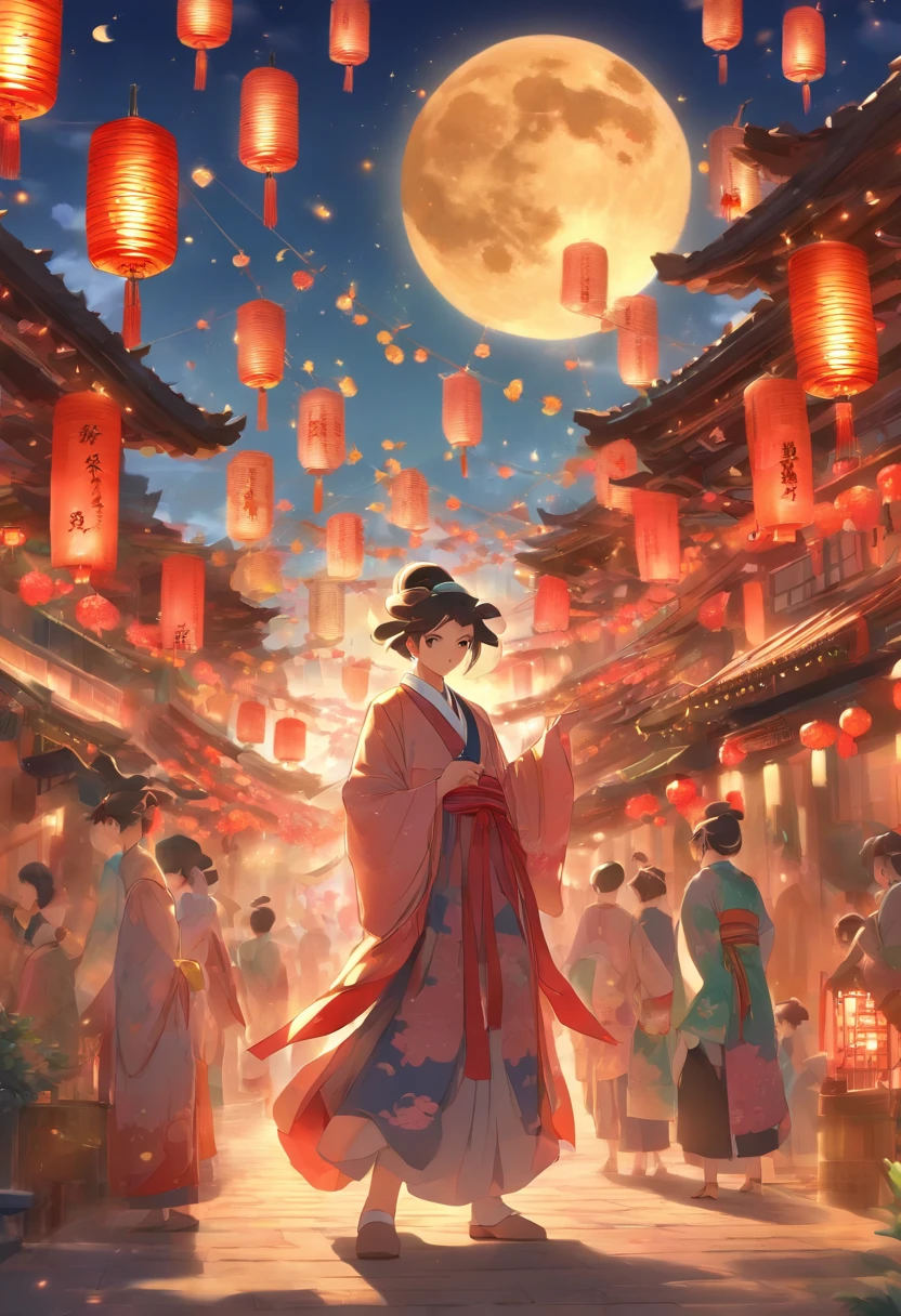 Mid-Autumn Festival、Moon、themoon、Sun Star、Mooncake stalls、Concert、band、fire works、UAVs、environment friendly、tradit、celebrating、enviroment、The villagers、Plaza、Bamboo lanterns、the night、celebrating、Artistically、device、decor、castoff、save、resource,high definition resolution