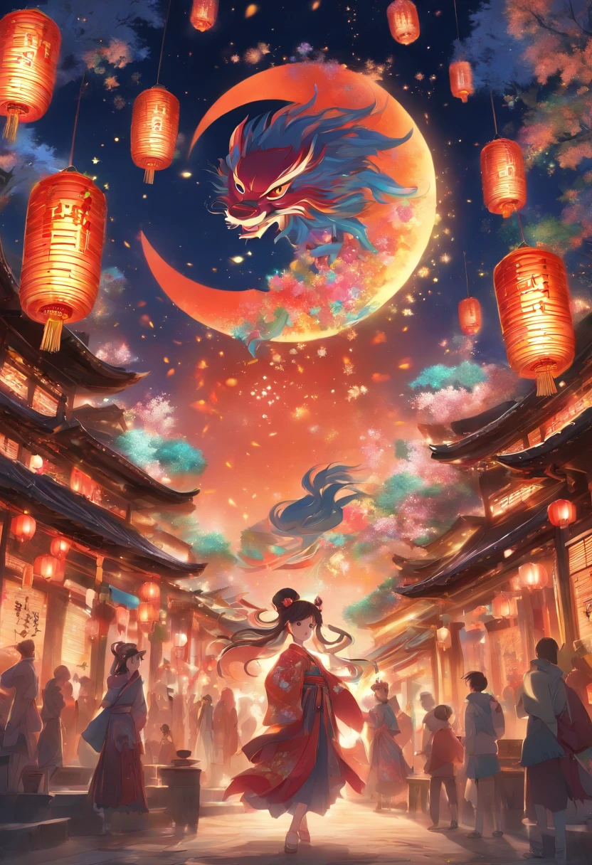 Mid-Autumn Festival、Moon、themoon、Sun Star、Mooncake stalls、Concert、band、fire works、UAVs、environment friendly、tradit、celebrating、enviroment、The villagers、Plaza、Bamboo lanterns、the night、celebrating、Artistically、device、decor、castoff、save、resource,high definition resolution