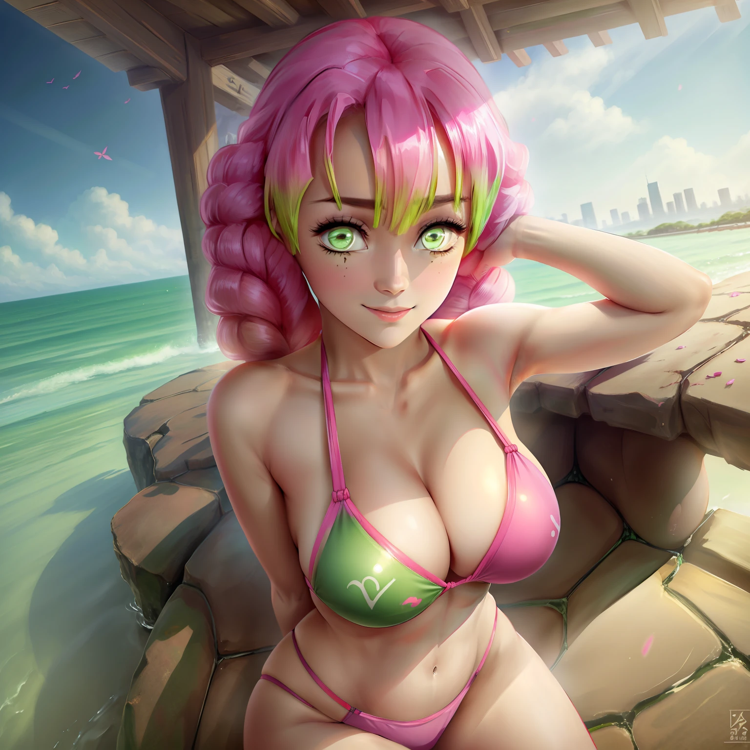 An(masterpiece), best quality, expressive eyes, perfect face, medium breasts, flat ,city, smile, view from above, looking at viewer, mitsuri(demon slayer), (big round Green eyes), (Pink hair) ,(sexi bikini )<lora:mitsuriDemonSlayerLORA_v2:0.7
