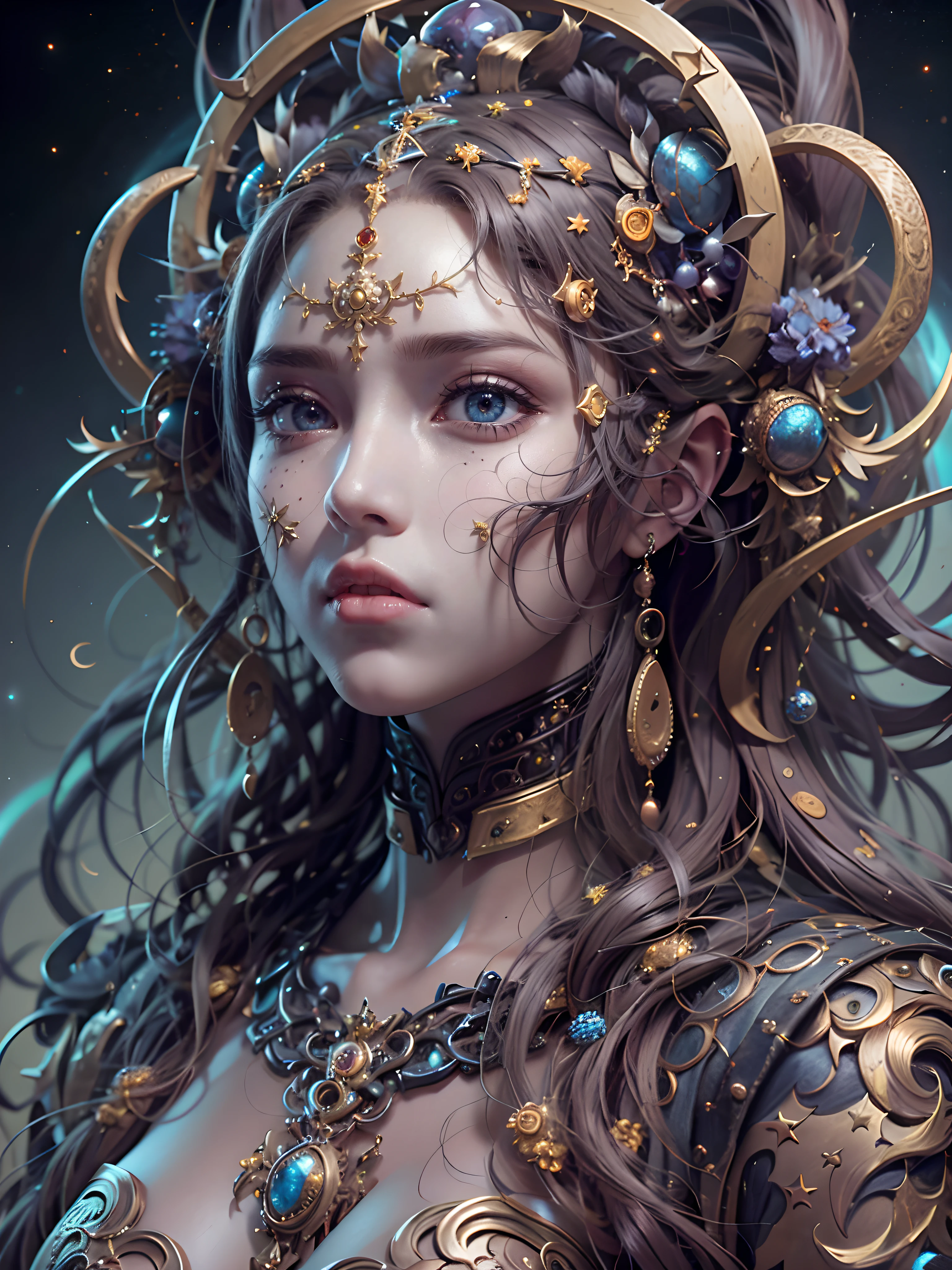 (best qualtiy,ultra - detailed,Most Best Illustration,Best shadow,tmasterpiece,A high resolution,professionalartwork,famousartwork),Detailed eyes,beautidful eyes,closeup cleavage,sci-fy,colored sclera,Robot eyes,face markings,Tattooed with,(fractalized,Fractal eyes),largeeyes,Wide eyes,(Eye focus),sface focus,Cosmic eyes,Space eyes,Close-up of metal sculpture of a woman with a moon in her hair,goddes。extremly high detail,3 d goddess portrait,Extremely detailed footage of the goddess,a stunning portrait of a goddess,Side image of the goddess,portrait of a beautiful goddess,Full body close-up portrait of the goddess,hecate goddess,portrait of a norse moon goddess,goddess of space and time