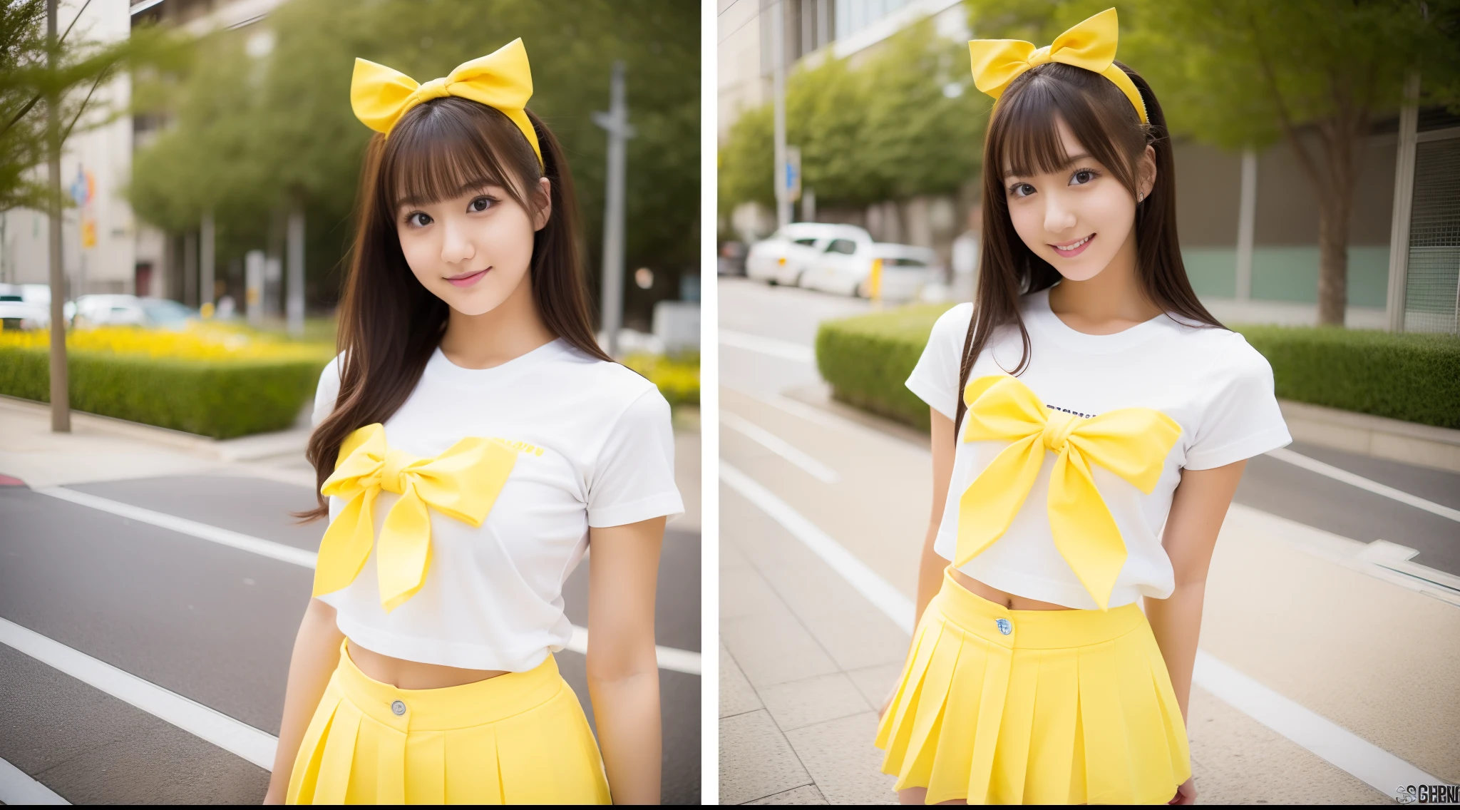 dressed in a white t-shirt、Wearing a yellow miniskirt、Cheergirl 20 years old