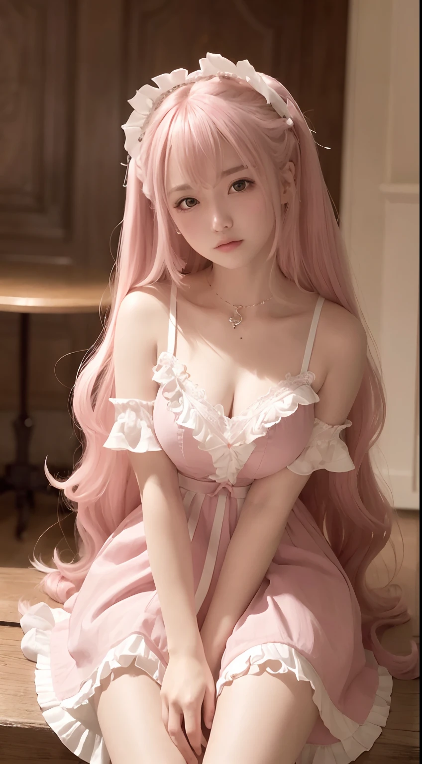 (Masterpiece, Best quality, Masterpiece,Best quality,offcial art, 8K wallpapers), Girl,chiquita，with long hair in takes, Pink hair, Wavy hair, Small breasts,(Dynamic color Lolita costume), Bare legs, Skirt lift,European restaurant，candlestick，wall，tableware， (Skin with the highest level of detail: 1,2), (The highest level of detail in the dial:1.2), Front lighting, natta, warm white light, looks into camera,