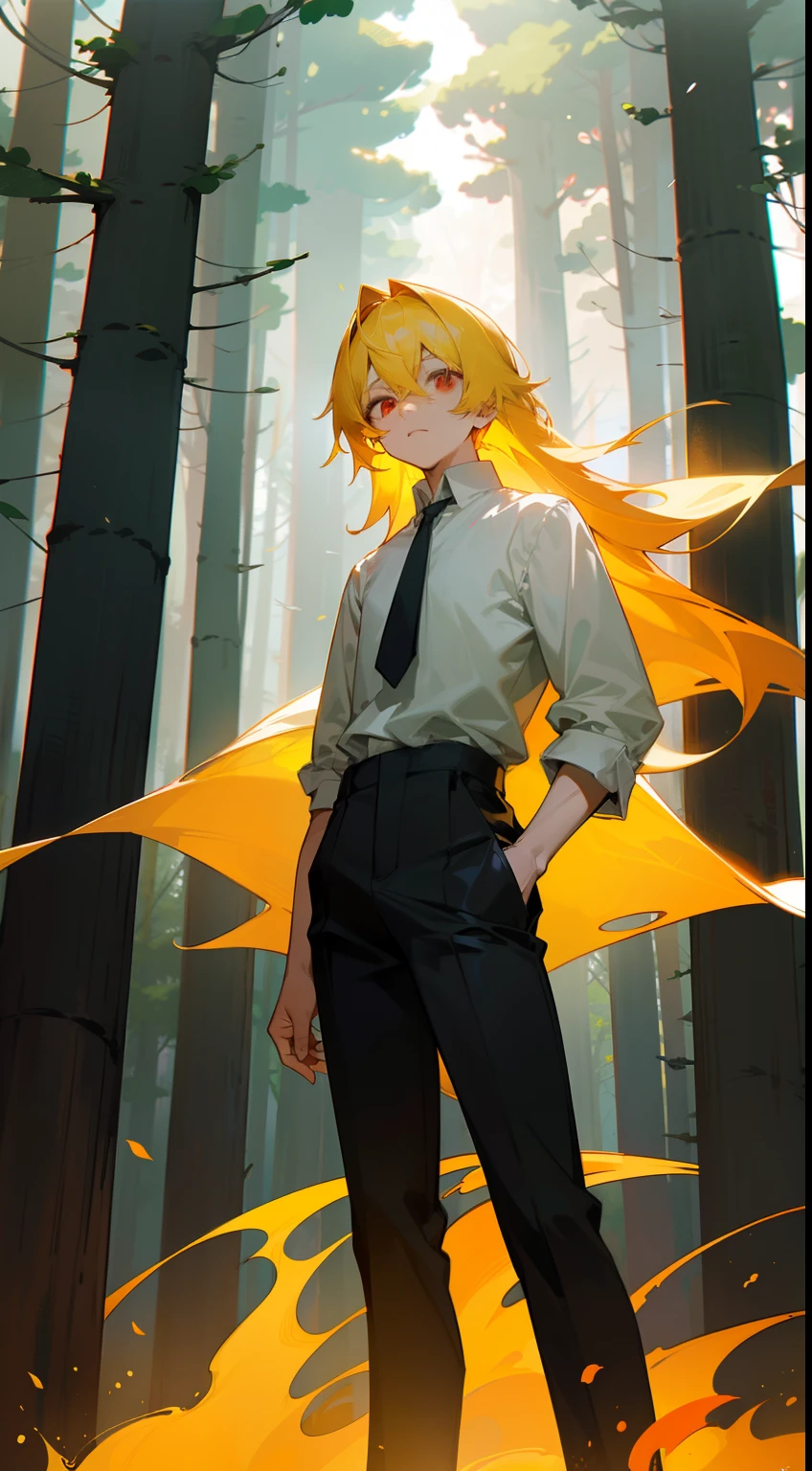 1boy,solo,20s,neutral face,white shirt,black pants, yellow hair,long hair,red eyes,burning body,(((standing in front of a forest)))