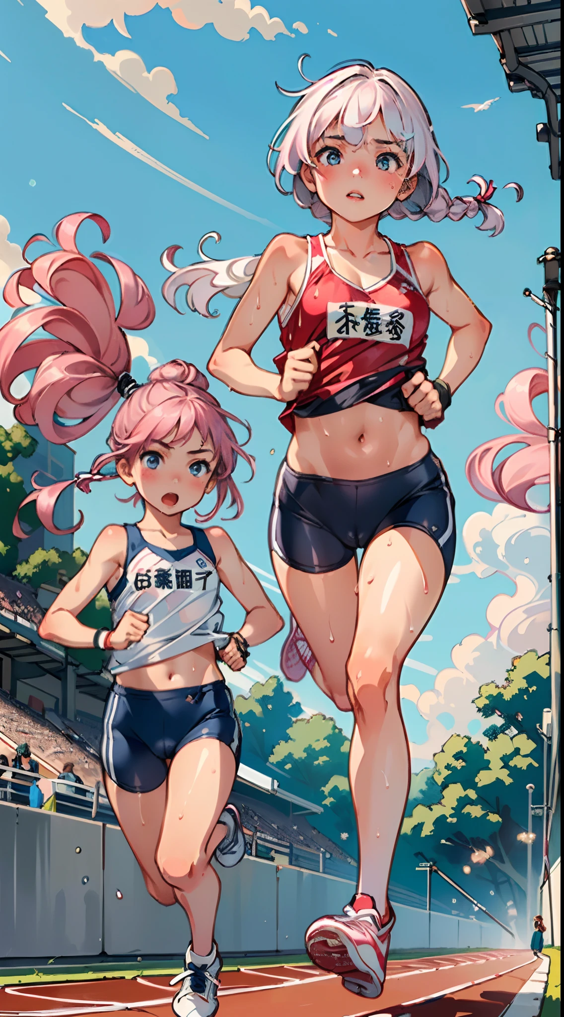 masterpiece, best quality, ultra-detailed, illustration, an extremely delicate and beautiful,high resolution, ultra-detailed,,perfect face,slender perfect body, Tight belly,Toned buttocks,Constricted waist,,(2 girls to running:1.7), yo,(1girl to pink hair,1girl to white hair), (1girl to very short hair,1girl to braided long hair),(hachimaki), shy daughter, short stature, small tits,(flom track and field), (fashionable track and field athlete),(bike shorts), small tits, (wet:1.2), track and field,stadium,((very wide shot )),(cameltoe),( visible through clothes:1.2)