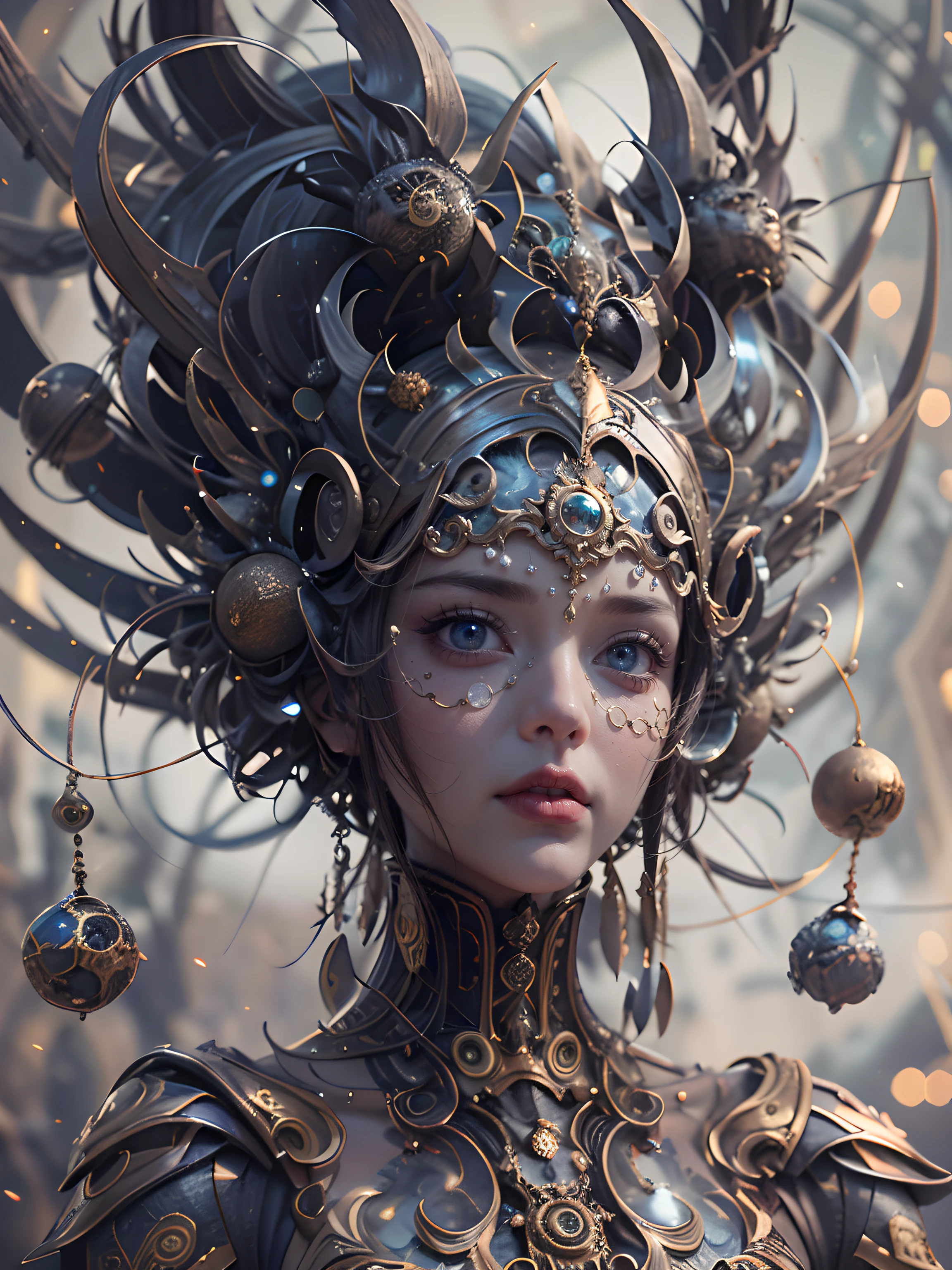 (best qualtiy,ultra - detailed,Most Best Illustration,Best shadow,tmasterpiece,A high resolution,professionalartwork,famousartwork),Detailed eyes,beautidful eyes,closeup cleavage,sci-fy,colored sclera,Robot eyes,face markings,Tattooed with,(fractalized,Fractal eyes),largeeyes,Wide eyes,(Eye focus),sface focus,Cosmic eyes,Space eyes,Close-up of metal sculpture of a woman with a moon in her hair,goddes。extremly high detail,3 d goddess portrait,Extremely detailed footage of the goddess,a stunning portrait of a goddess,Side image of the goddess,portrait of a beautiful goddess,Full body close-up portrait of the goddess,hecate goddess,portrait of a norse universe goddess,goddess of space and time