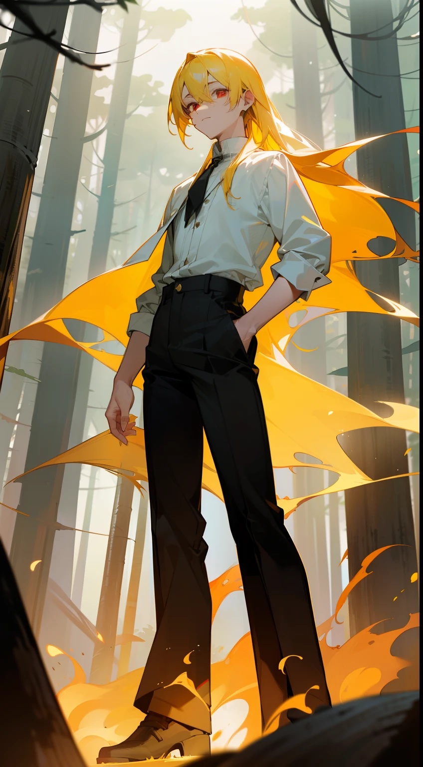 1boy,solo,20s,neutral face,white shirt,black pants, yellow hair,long hair,red eyes,burning body,(((standing in front of a forest)))