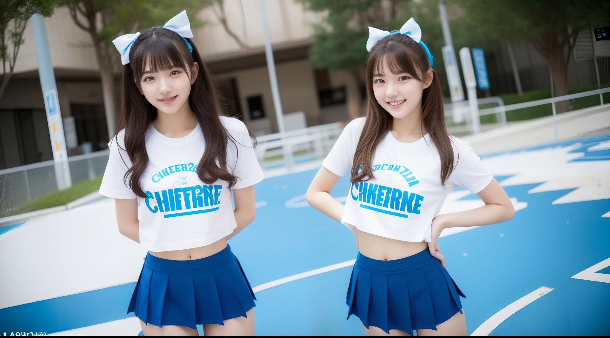 Cheergirl in blue mini skirt and white tee shirt 18 years old