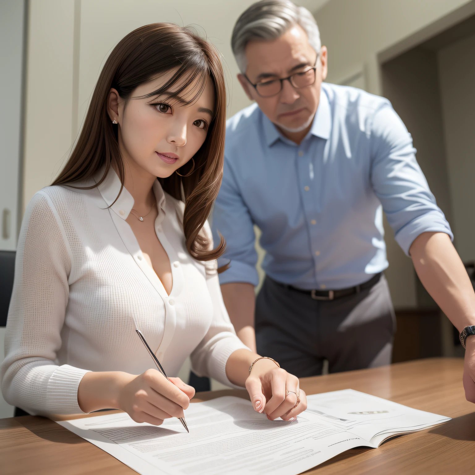 With a senior man working in a private bank、With a secretary woman、Customer Male
