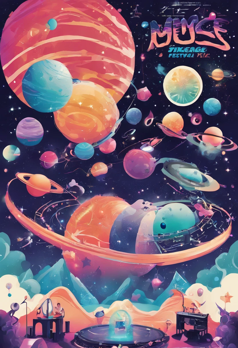The music festival poster , name festival is age fun3, Bold letters and event logo, jellyfish and big bubbles, Six musicians in the center of the picture