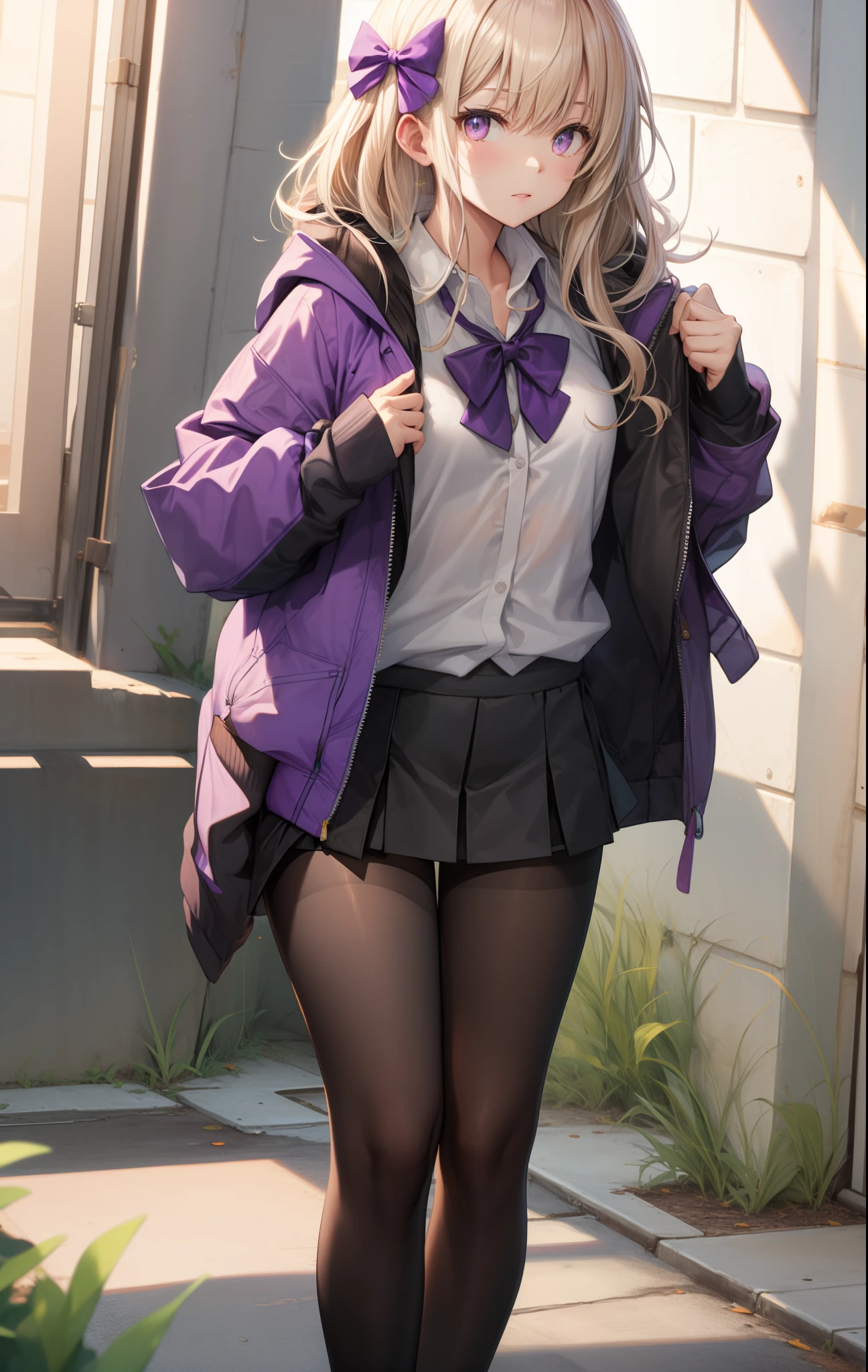 black pantyhose, bow, collared shirt, hood, hooded jacket, jacket, open clothes, open jacket, open shirt, pantyhose, purple bow, purple jacket, school uniform, shirt, sleeves past wrists, unbuttoned shirt, white shirt,