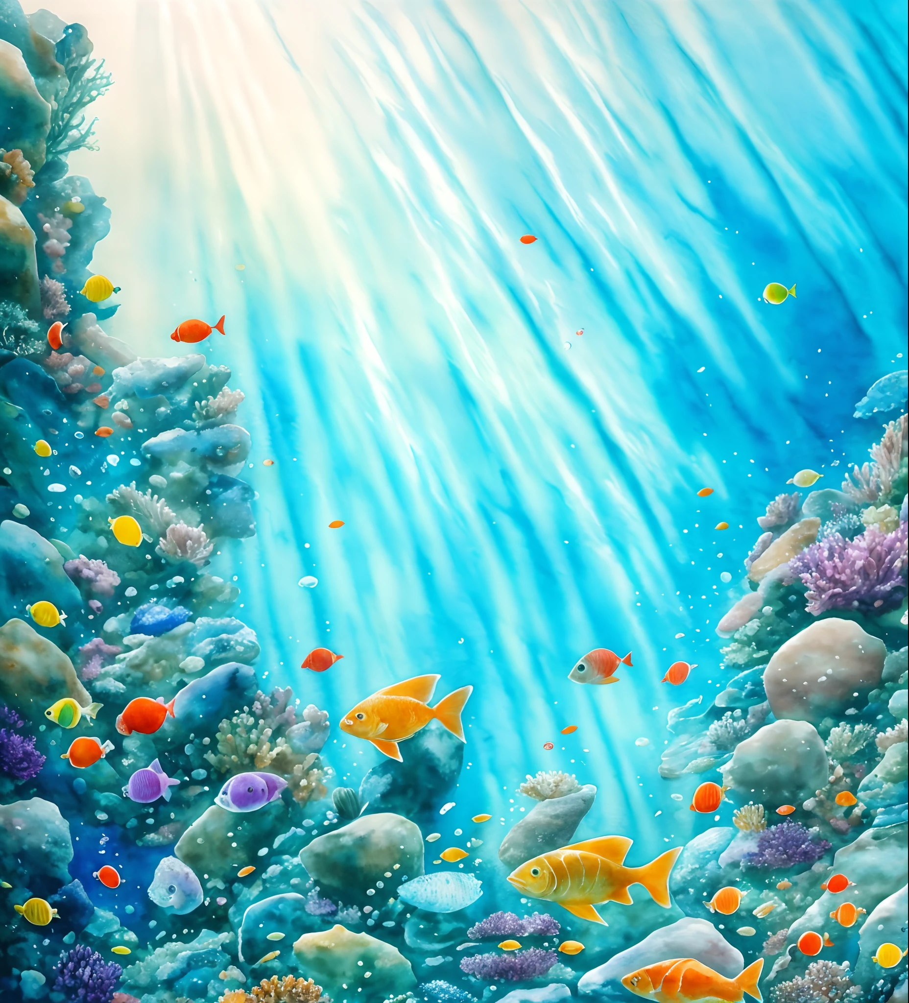 Underwater paintings of rocks and fish, watercolor painting underwater, bubbly underwater scenery, Underwater scene, underwater scenery, underwater ocean, masterpieceunderwater scene, underwater scenery, underwater landscape, Underwater light, amazing depth, ocean floor, highly detailed water colour 8 k, highly detailed water colour 8k, underwater view, Underwater perspective, Underwater background