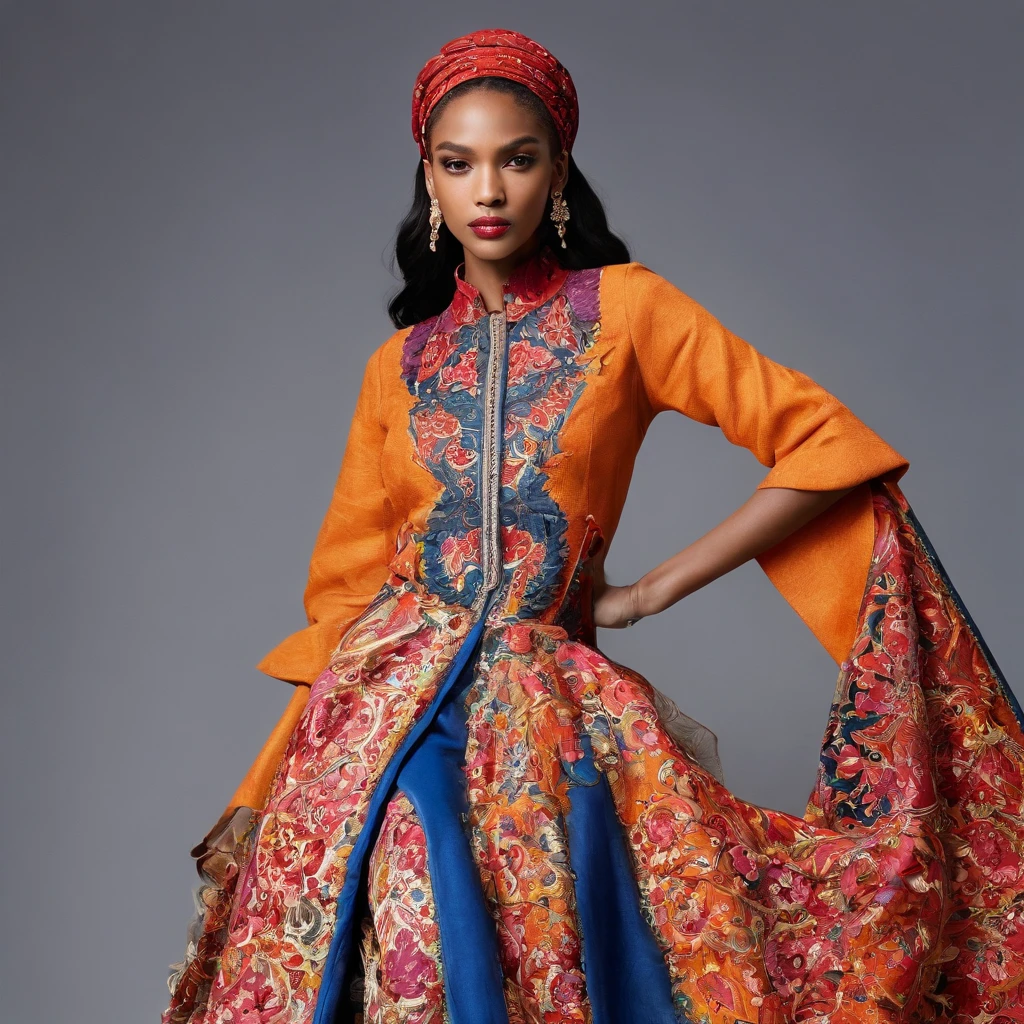 Produce high-resolution professional photographs showcasing innovative clothing designs that ingeniously incorporate Ankara fabric. Capture the essence of each ensemble with the precision of a Canon EOS 50. Imagine models adorned in Ankara-infused garments that seamlessly blend tradition and contemporary style. Each photograph should exude the vibrancy of Ankara's intricate patterns and vivid colors while maintaining an air of elegance and sophistication. Envision a runway where culture and fashion harmonize, akin to a grand opera fusing different melodies into an enchanting symphony. Ensure the interplay of light and shadow accentuates the texture of the fabric, much like a master painter skillfully rendering every brushstroke on canvas. This collection should be a visual narrative that honors heritage and creativity