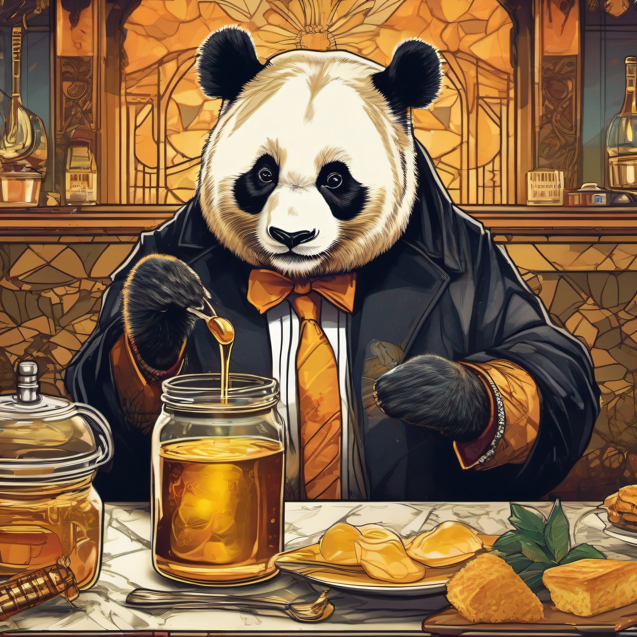 obra maestra, folleto de publicidad, Estilo Art Nouveau, la ilustracion mas bonita del mundo, Vector art of a panda bear dressed in gangster-style clothing pouring honey from a glass jar (con brillos y transparencias) sobre unas tostadas, luces doradas, New York in the 50s, 50s style clothing, tiene, Popular images, Estilo de dibujos animados retro realista, muy intrincado, muchos detalles,