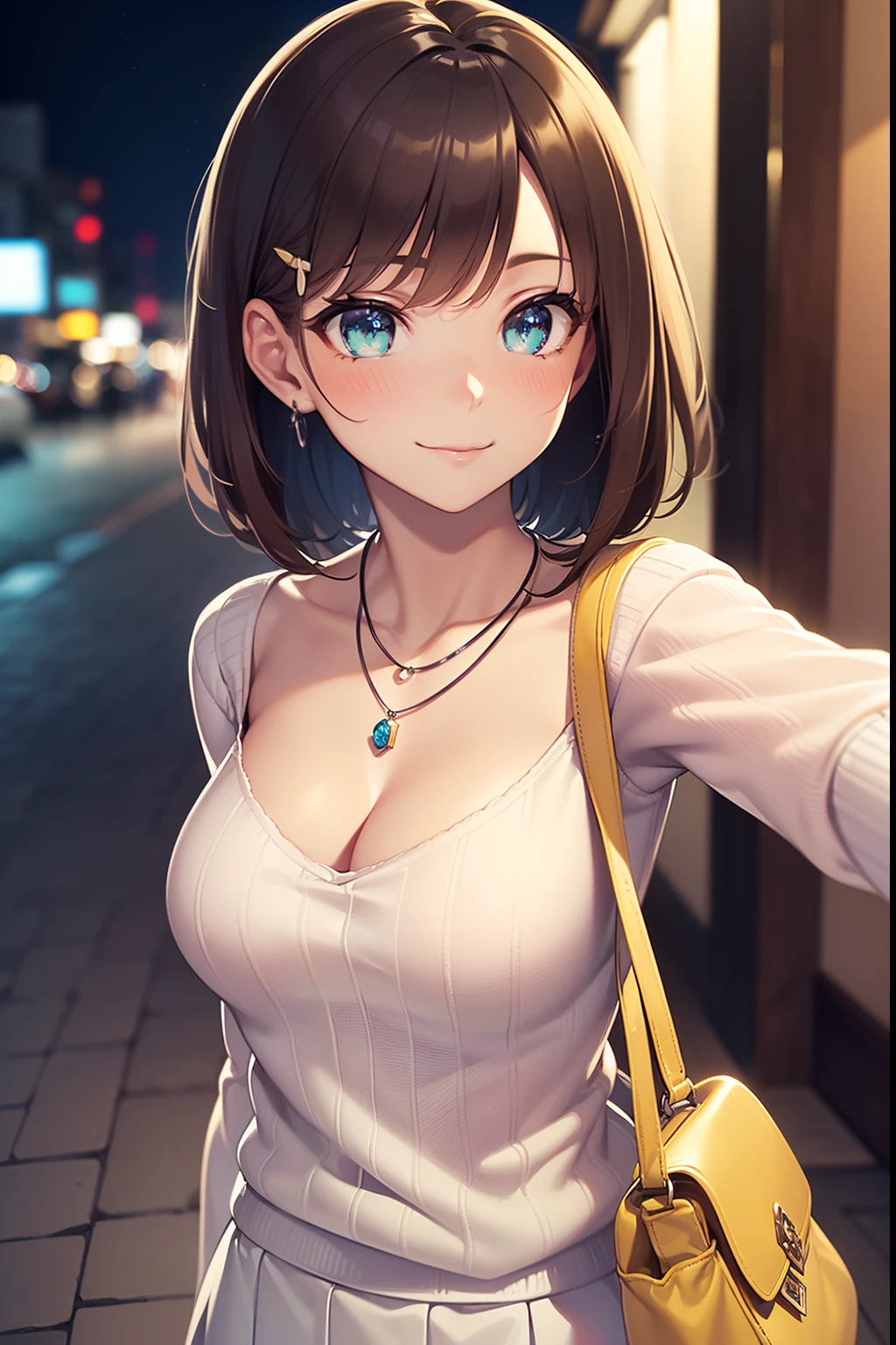 ((masutepiece, Best Quality, hight resolution, nffsw, Perfect Pixel, depth of fields, 4K, nffsw, nffsw))), 1girl in, Single, Solo, Beautiful anime girl, Beautiful Art Style, Anime Character, 22 years old, ((bobhair, Bangs, dark brown hair, hair pin)), ((Detailed face, Blushing:1.2)), ((Detailed eyes, Anime eye style, Beautiful eyes, Green eyes:1.8, sparkling effect)), ((Smooth texture:0.75, Realistic texture:0.5, Anime CG style)), ((medium breasts, cleavage)), busty, Perfect body, ((close up, POV, Cute, Shot in the face, Selfie, Smile)), ((White sweater, Blue skirt, The bra is visible from the inside of the sweater)), Outdoor background, Absurd background, Bokeh:1.4, ((Night, night lights)), ((Minimalist Necklace, Silver necklace, 1 baguette bag, Fashionable))
