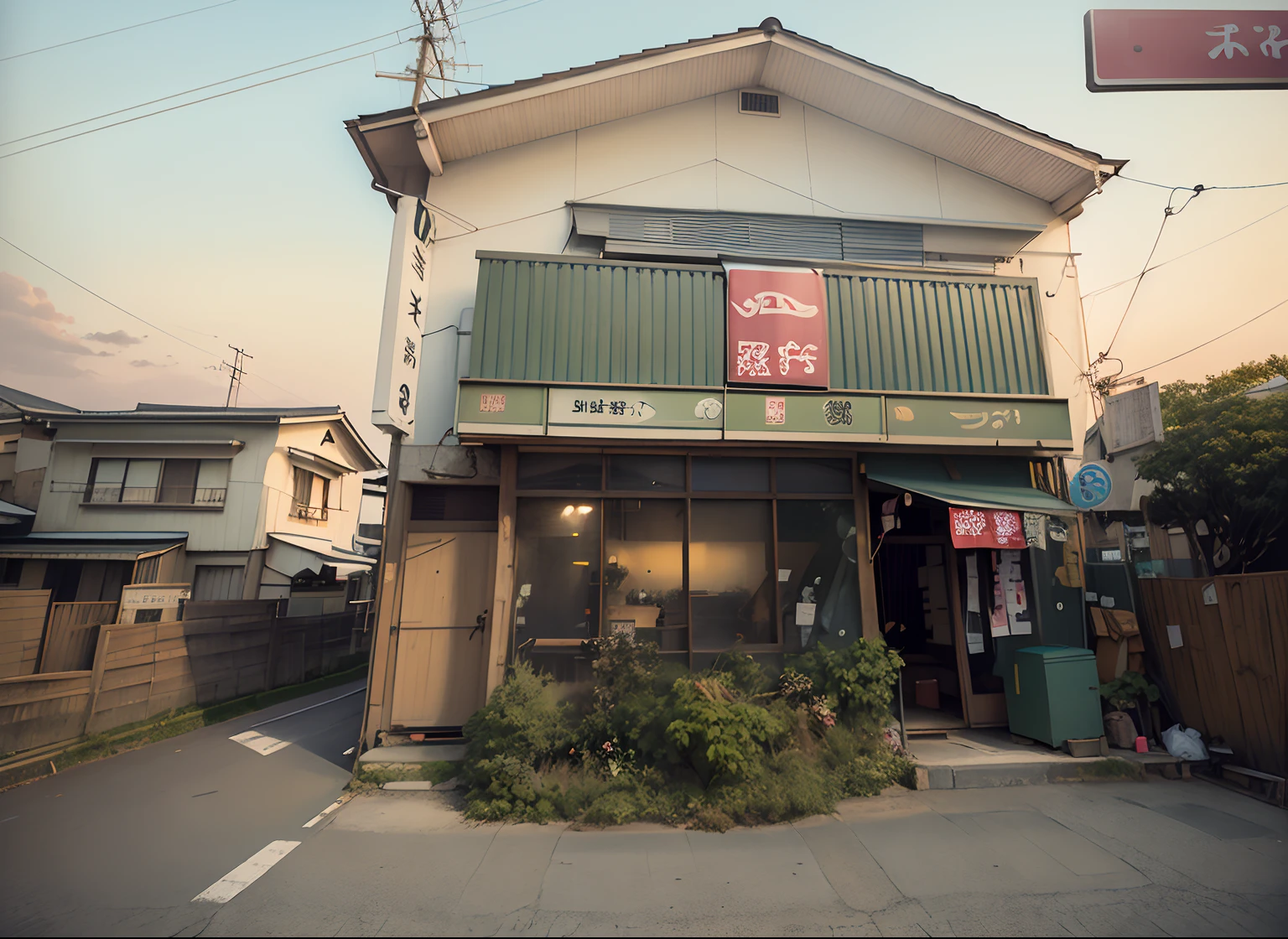 There is a small building with a sign in front, Japanese houses, photo for a store, yoshikata amano, dice tsutsumi, katsushika, restaurant!!, yoshiku, matoko shinkai, hironaka, sakimichan hdri, shinkai, full device, kantoku, tsukasa hojo