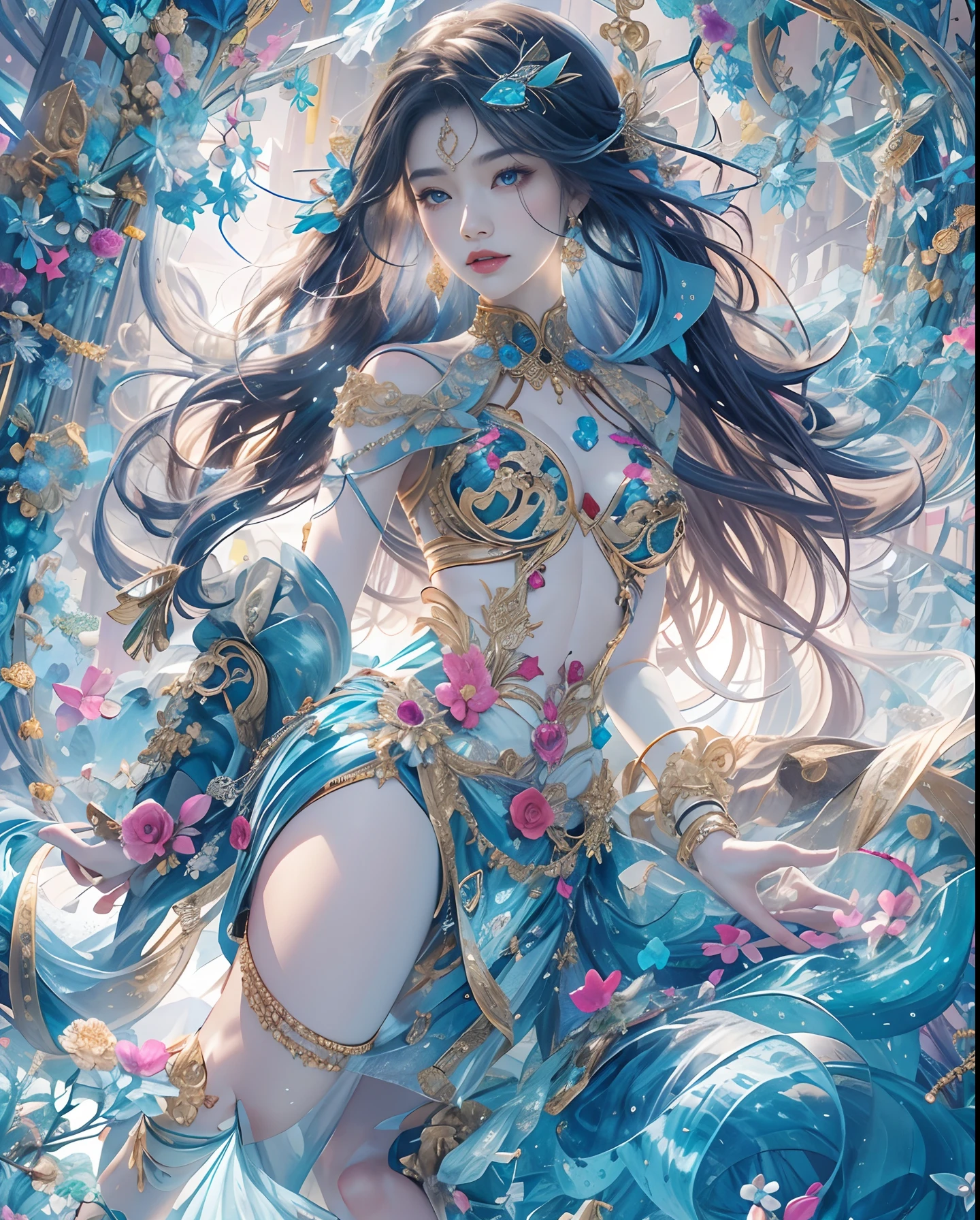 (masutepiece, of the highest quality, Best Quality, Official art, Beautiful and aesthetic:1.2), (1 Fantasy Girl), Extremely detailed, Glamorous Jewelry, long shapeless hair, (Fractal Art:1.3),Colorful,Highest detail.Express in the form of a heart、Ornaments in the shape of a blue heart、Use a lot of heart shapes、Use a lot of blue heart shapes in the background、Use a lot of blue、use a lot of blue flowers、Inlaid with blue heart-shaped jewelry、Heart-shaped bokeh、Ruby Ornament、Blue Gemstones、Angle from above the knee、Breasts are small and B size、A slender、Cleavage is visible。Paws are thin and beautiful,the skin is white and transparent,high-heels、Gold Anklet、Ruby Ornament、Blue Gemstones、high-heels、Gold Anklet、
