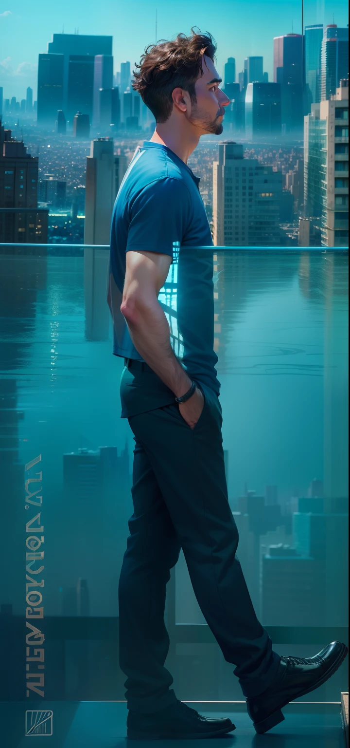 An 20 year man in front of a large glass window with a large city in the background, disney style --auto --s2