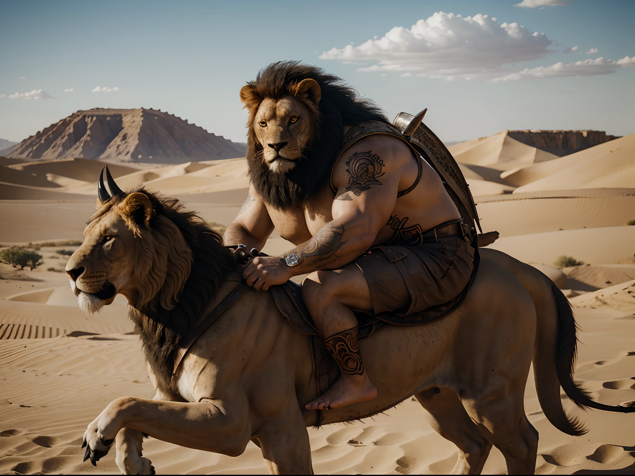 1 big burly man sitting on the back of a lion, a man with a bloody face, tattoo, a lion with one horn, a lion with bat wings, desert, sand, dry skeleton, salary, bleak, fantasy,, (Detailed face features:1.3), (RAW photo, 16k, masterpiece, best quality: 1.2), (ultra realism, hyper detailed and intricate realism: 1.3), (wide depth of field, radiant mapping, ray tracing, god rays: 1.2)