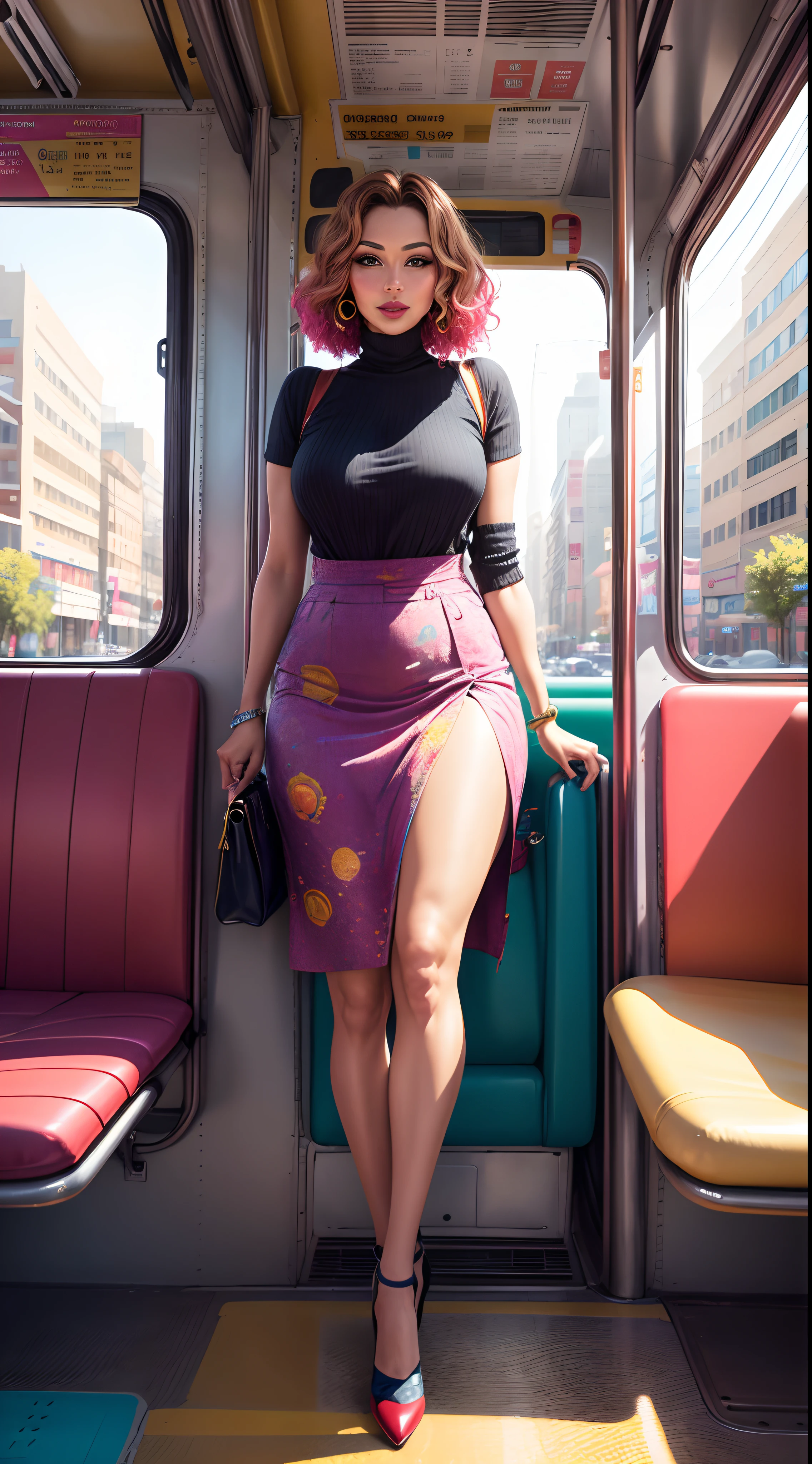Create an artwork of a beautiful lady on a colorful, vibrant city bus. The bus interior is alive with various passengers, and she stands out with her captivating presence, making her a focal point of the scene