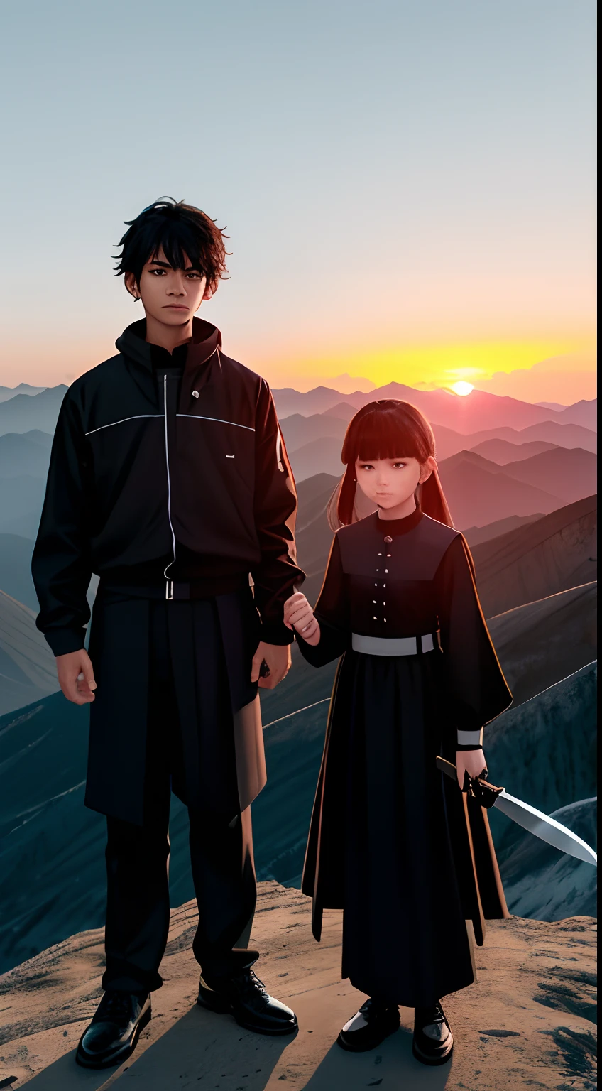 A teenager dressed in black，He holds a long knife in his right hand，And the little girl next to him，Stand together at the top of the mountain to watch the sunrise