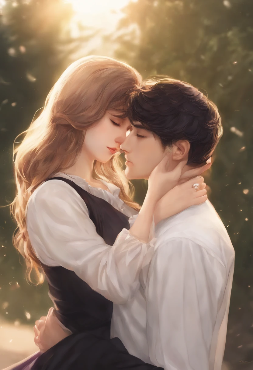 Masterpiece, Best quality, {Best quality}, {{Masterpiece}}, {A high resolution}, {{{field field}}, extremely detailed couple, illustration, couple, 1boys, 1girll, couple, Love, Love, Romantic, Sharp focus, Male focus, female focus, Black hair, Violet eyes, Sun, Sunlight, Lifting, Surprised, envy, Orange sky, tee shirt, men's leisure clothes, Expressionless, women's fashion