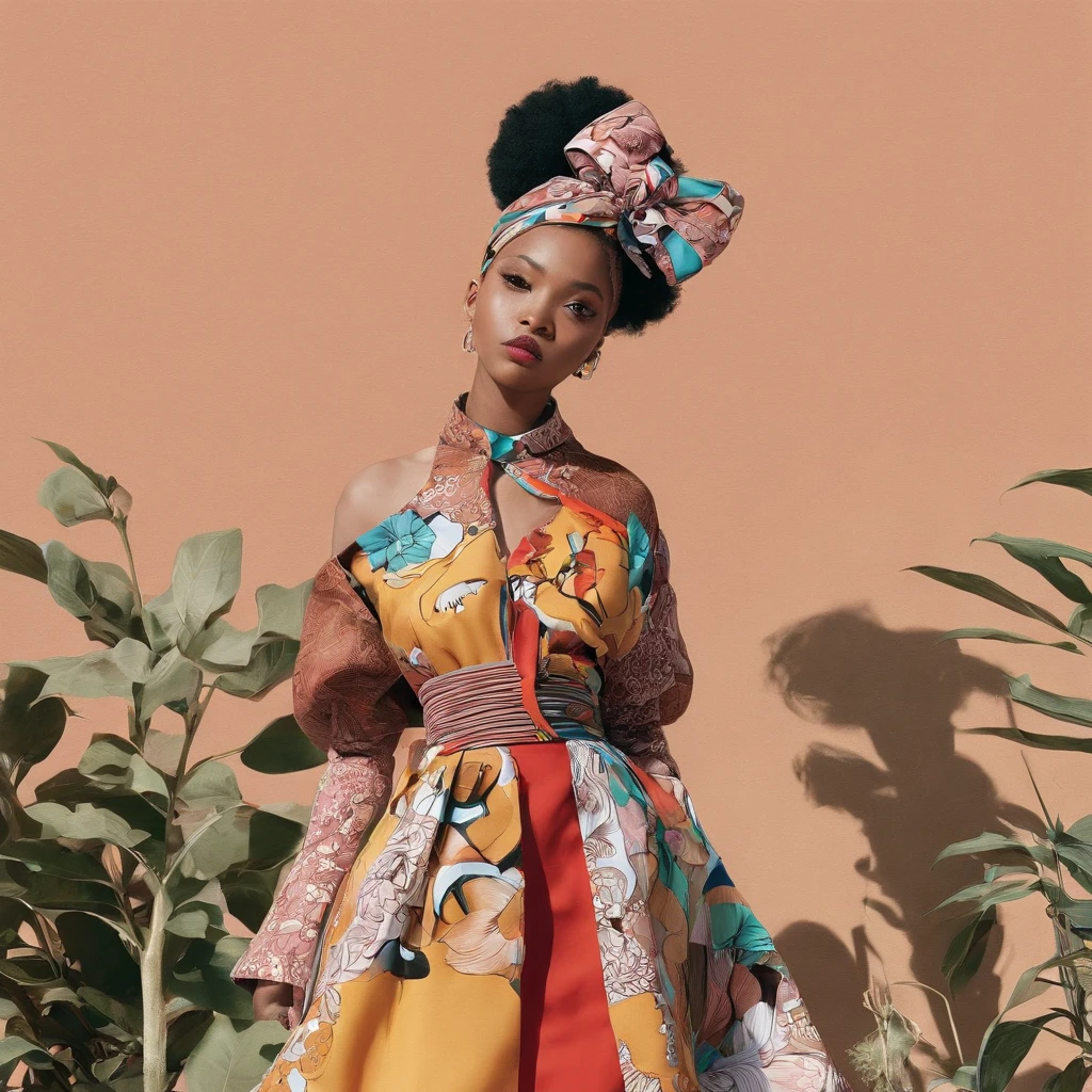 Anime, Candid photography, Blend traditional South African fashion elements with modern streetwear,ankara patterns creating a unique novel style that resonates with chubby Gen Z's eclectic style, breathtaking image, shot on canon Eos 50d then animated by studio Ghibli, anime