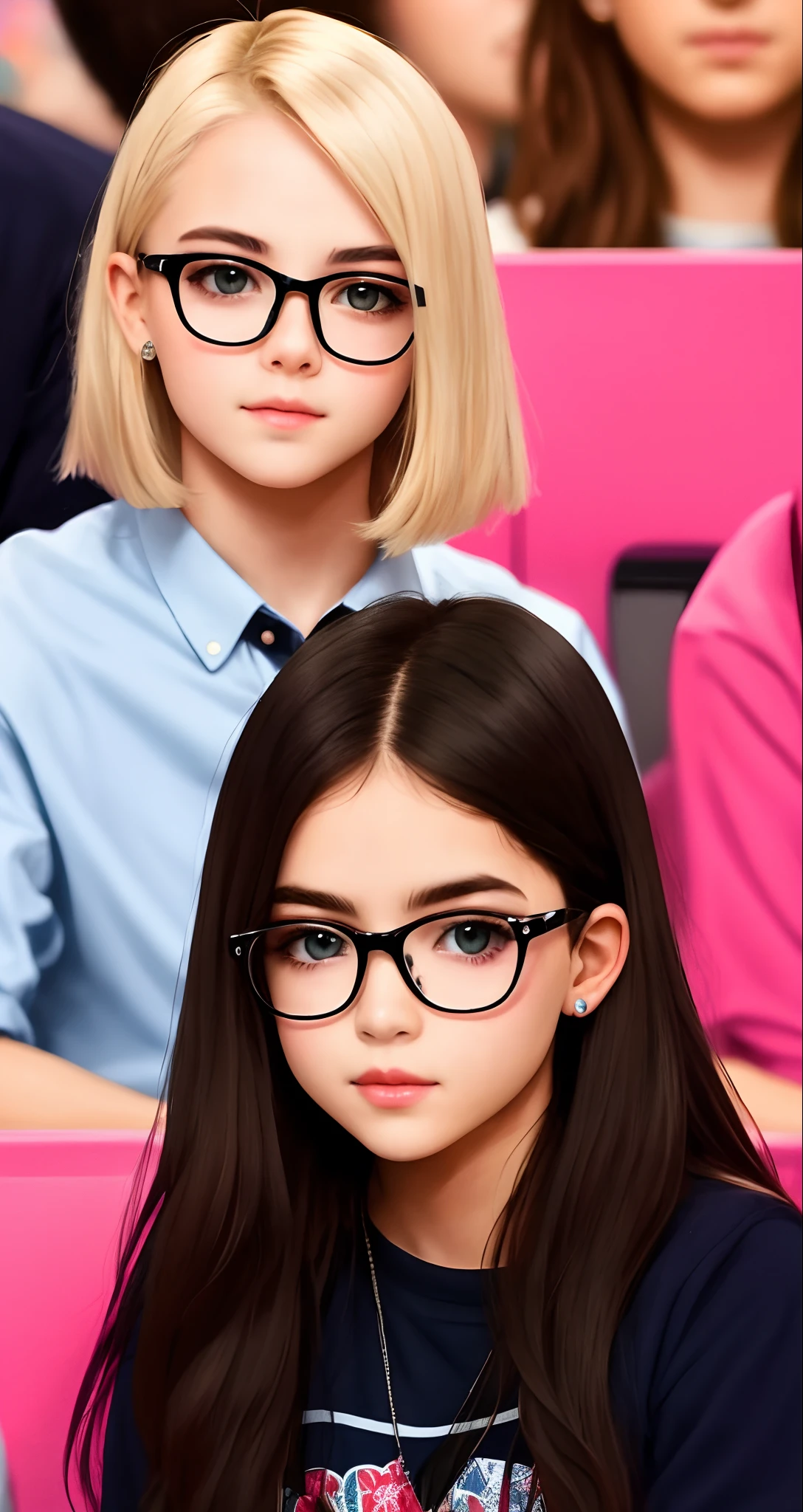 Blonde girl with white skin and an attractive appearance, with pink lips, is next to a nerdy kid wearing glasses, com cabelo preto desarrumado, who is also attractive and shy."