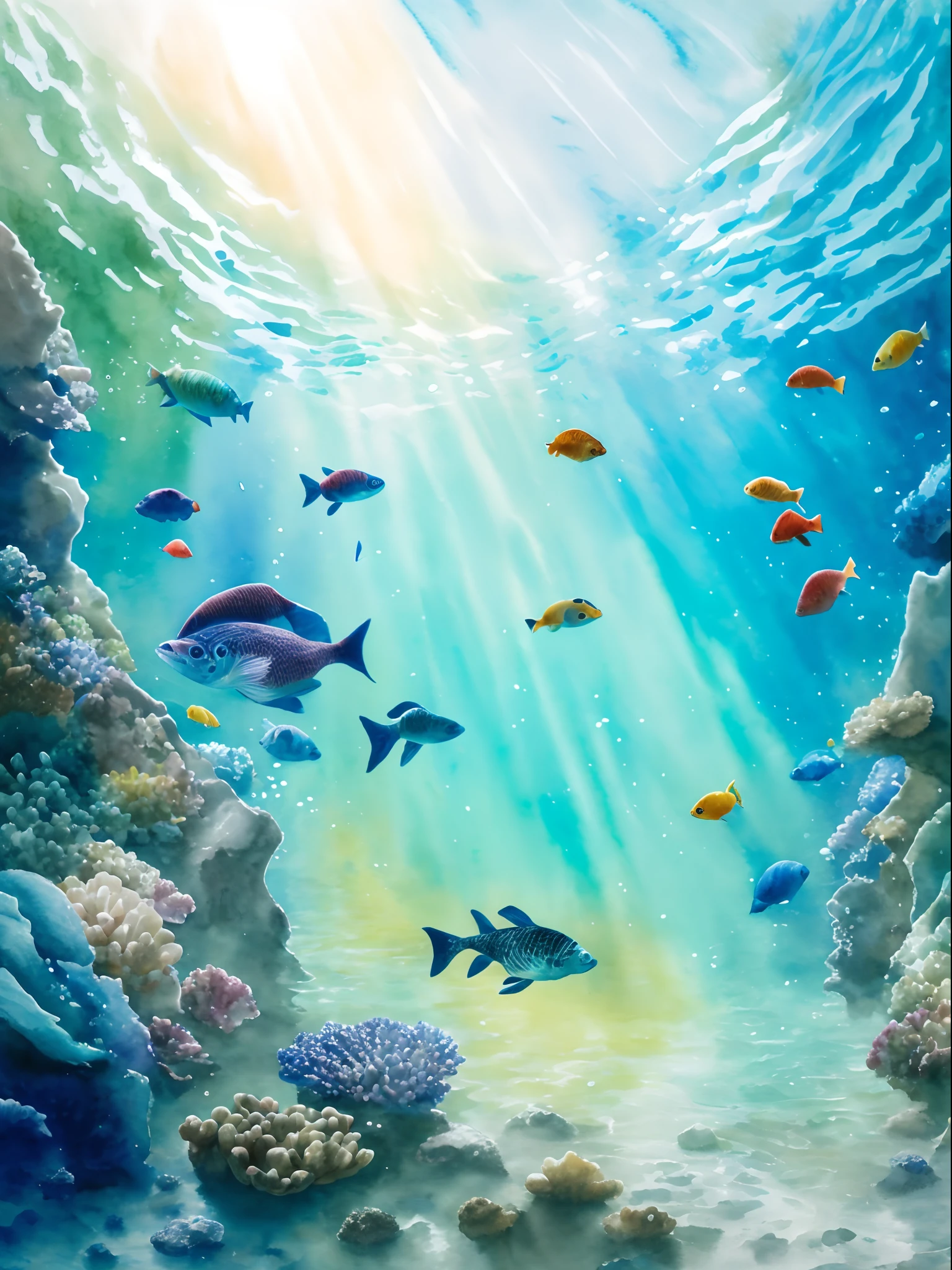 Underwater paintings of rocks and fish, (((Lots of fish))),watercolor painting underwater, bubbly underwater scenery, Underwater scene, underwater scenery, underwater ocean, masterpieceunderwater scene, underwater scenery, underwater landscape, Underwater light, amazing depth, ocean floor, highly detailed water colour 8 k, highly detailed water colour 8k, underwater view, Underwater perspective, Underwater background