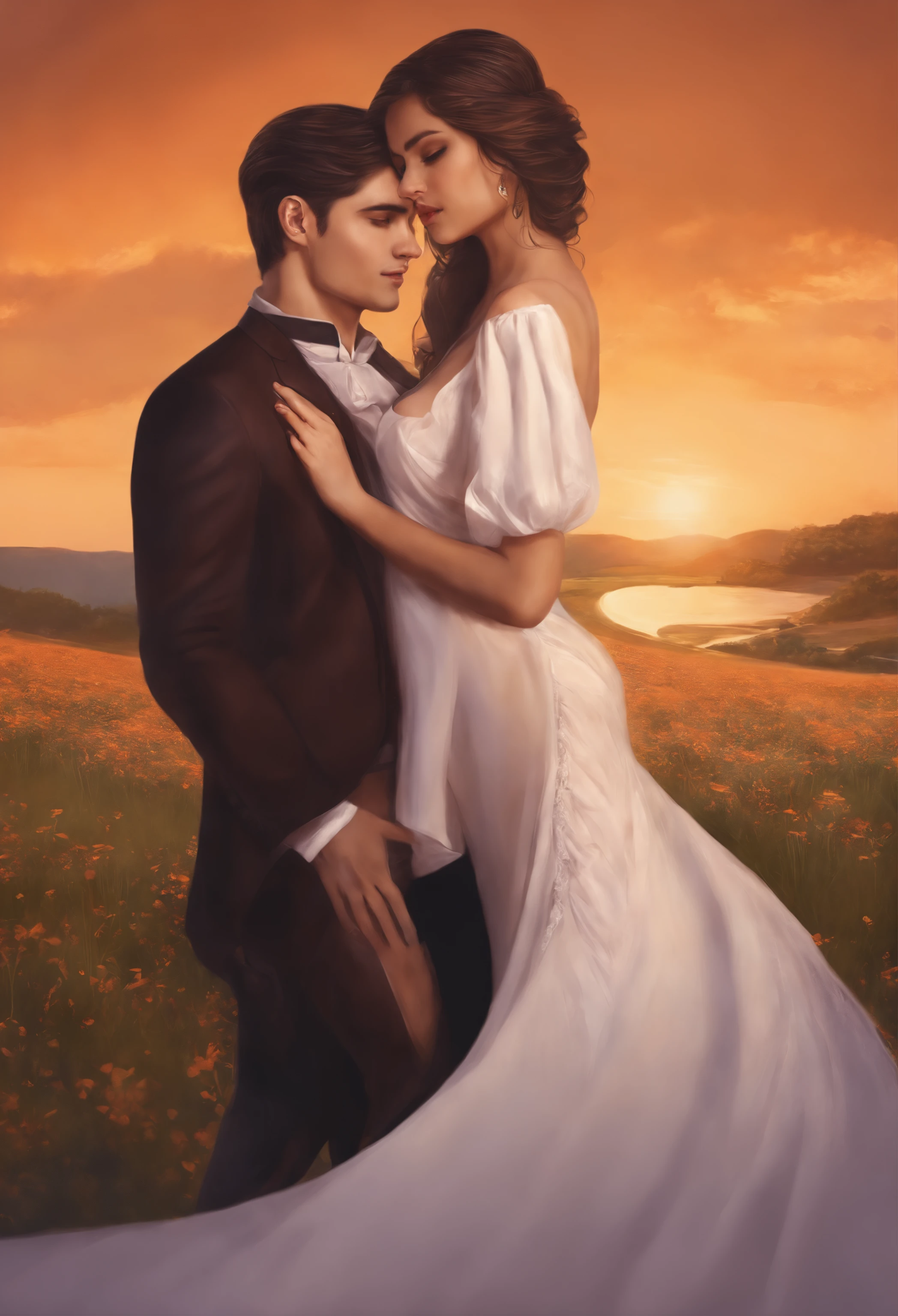 Masterpiece, Best quality, {Best quality}, {{Masterpiece}}, {A high resolution}, {{{field field}}, extremely detailed couple, illustration, couple, 1boys, 1girll, couple, Love, Love, Romantic, Sharp focus, Male focus, female focus, Black hair, Violet eyes, Sun, Sunlight, Lifting, Surprised, envy, Orange sky, tee shirt, men's leisure clothes, Expressionless, women's fashion