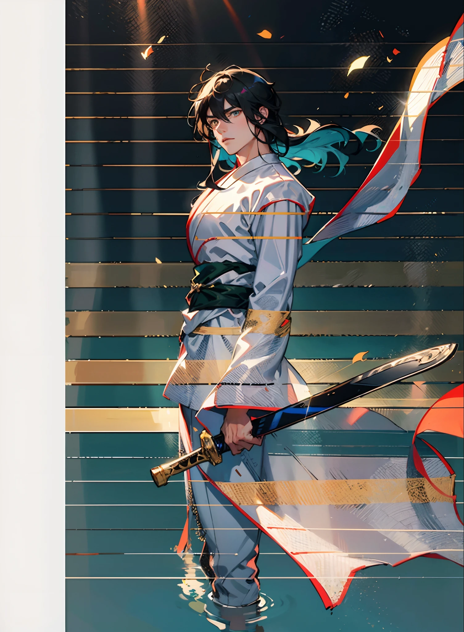 A young man with thick jet-black hair, Medium-length hair, clear and bright eyes, a relaxed and composed demeanor, handsome features, stands by the side of a vast and bright lake, dressed in a loose white robe, the hem flowing gracefully in the wind, wide sleeves, a sky-blue sash is tied around his waist, he wears loose white trousers, he holds a longsword with a black scabbard, a longsword with a black scabbard, he radiates an aura of transcendence and elegance under the sunlight, under the sunlight, this character embodies a finely crafted Chinese martial hero design in anime style, characterized by a sophisticated and mature manga illustration art style, high definition, best quality, highres, ultra-detailed, ultra-fine painting, extremely delicate, professional, anatomically correct, symmetrical face, extremely detailed eyes and face, high quality eyes, creativity, RAW photo, UHD, 8k, Natural light, cinematic lighting, masterpiece:1.5