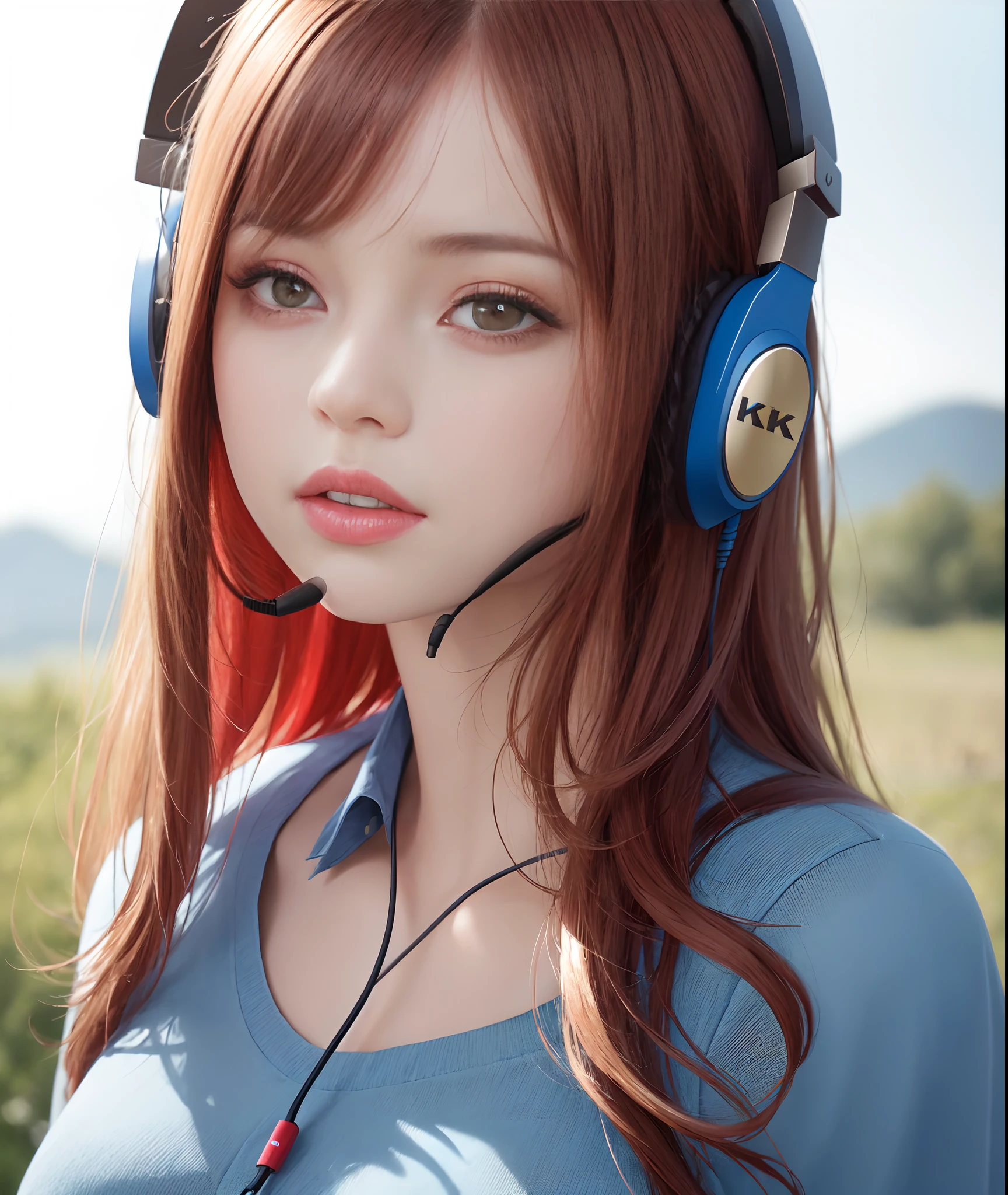 there is a young woman with long hair and a blue shirt she is wearing a headset, wearing a headphone, shot on 4k, head centered portrait, 70mm portrait, redhaired young woman, 4k asymmetrical portrait, portrait and the young woman at the right 4k, she is wearing a headset, landscape