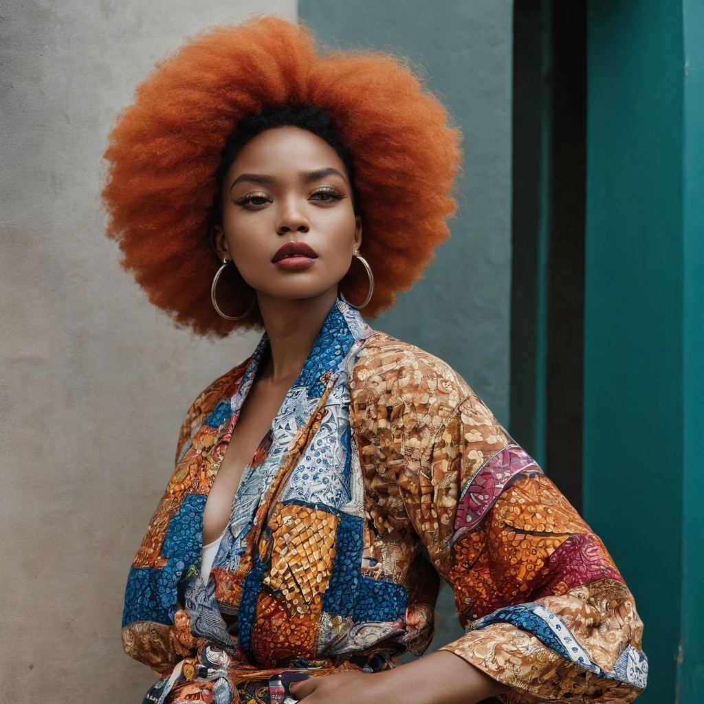 Candid photography, Blend traditional South African fashion elements with modern streetwear,ankara patterns creating a unique novel style that resonates with chubby Gen Z's eclectic style, breathtaking image, shot on canon 50d
