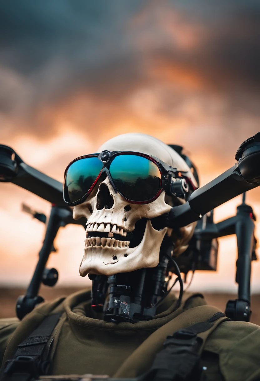 Skull wearing glasses to fly drone in the midst of a war environment
