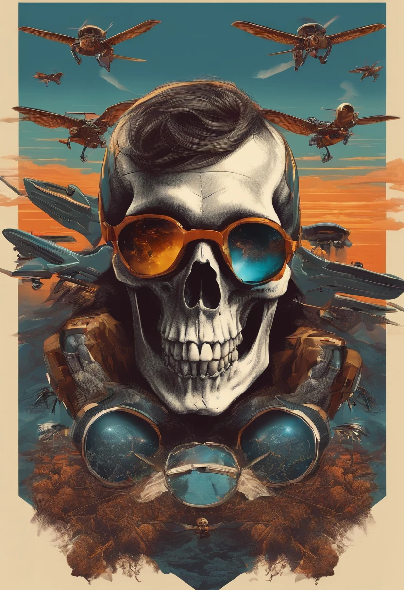 Skull wearing glasses to fly drone in the midst of a war environment