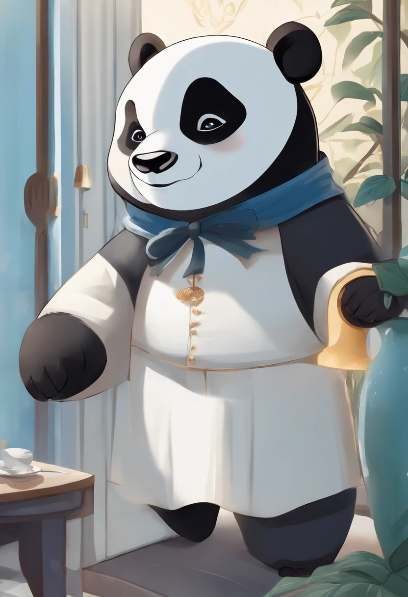 Panda de dibujos animados sosteniendo una bandeja con un letrero azul y blanco, anthropomorphic panda, mascot illustration, Sirviente vestido, Illustration of a panda, Pegatina de telegrama, panda anime en un disfraz de sirvienta, The panda is smiling,