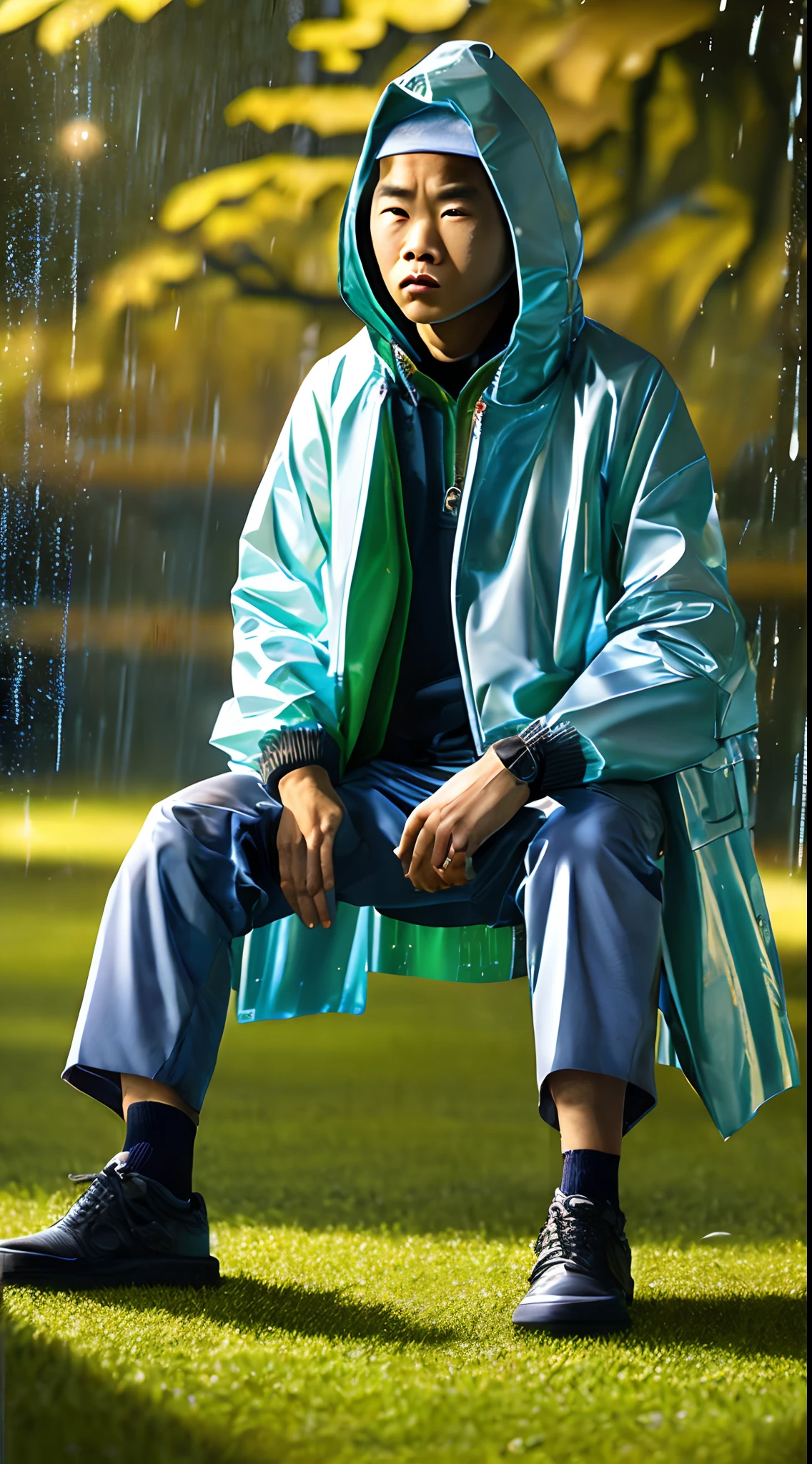 (full bodyesbian:1.5),(1 Asian man:1.3),(view the viewer:1.4),(anatomy correct:1.4),(Sit on grass:1.2),(wearing rain coat:1.2),(Armed with a sharp knife:1.3),( Labor shoes :1.1),(Accurate and perfect face:1.3),(),hyper HD, Ray traching, reflective light, structurally correct, Award-Awarded, High detail, Fade-in and fade-out shadow contrast, Face lighting ,Cinematic lighting, Masterpiece, super detailing, High quality, High detail, Best quality, 16k,High contrast,