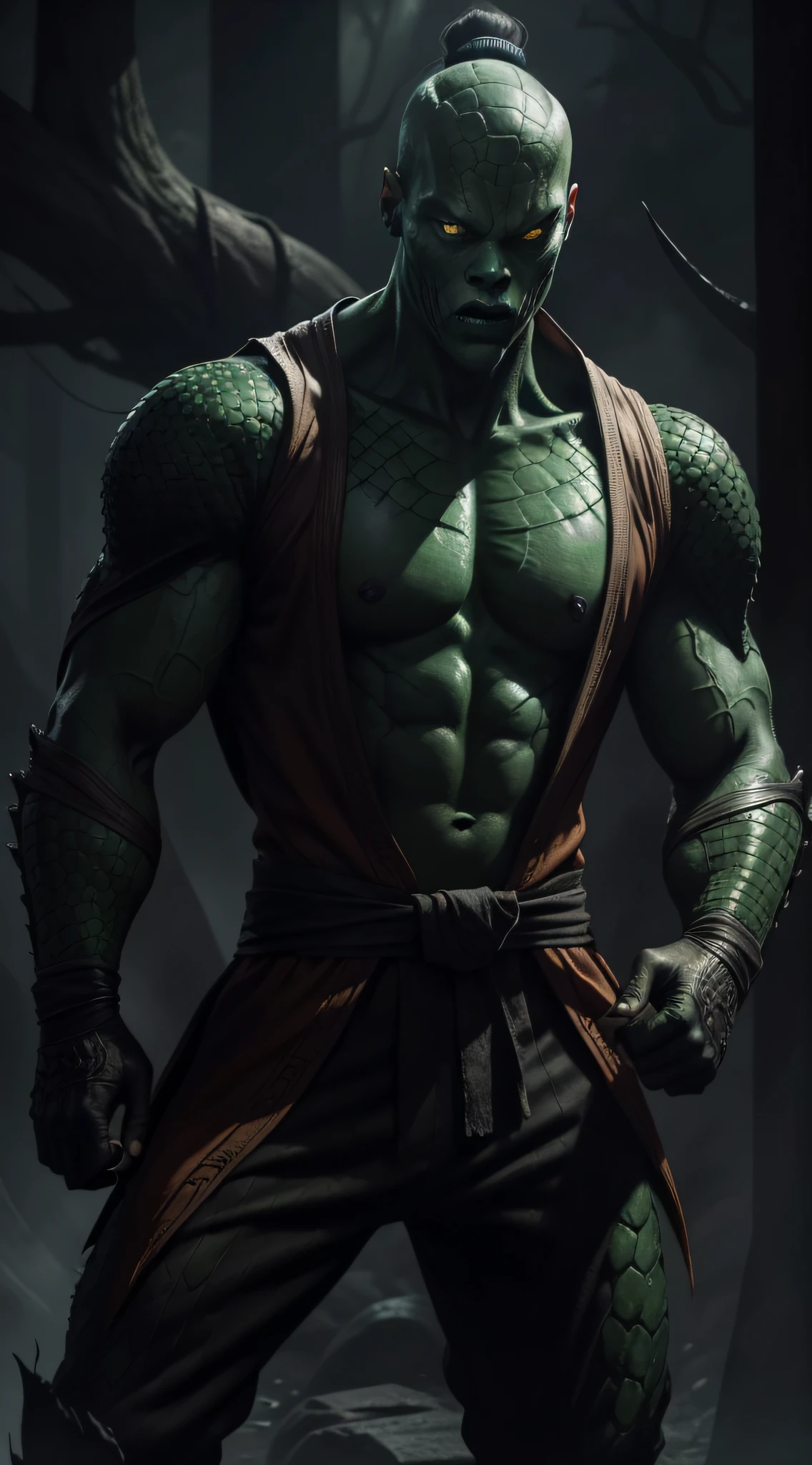 actor ((Bill Skarsgard)) as a ninja warrior Reptile, Mortal Kombat, green and black outfit, reptilian appearance, acid spit, Intricate, High Detail, Sharp focus, dramatic, photorealistic painting art by greg rutkowski