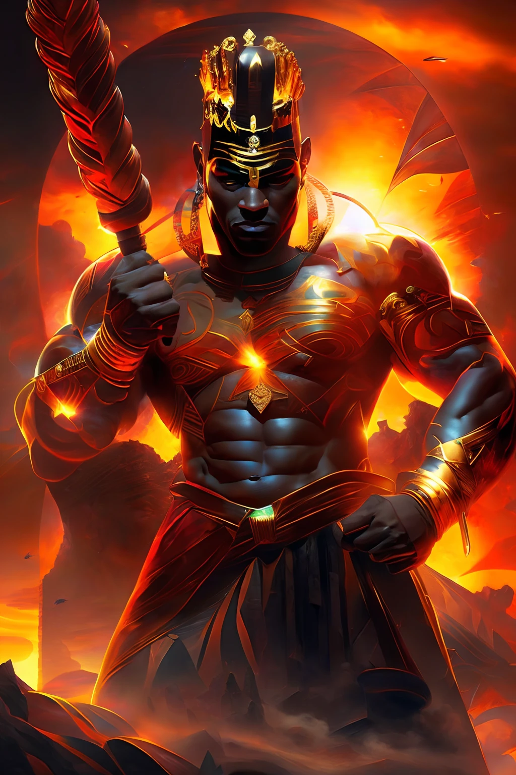 Highly (dynamic:1.2) scene art detailed (rutkowski:1.2) pharaoh ((crown of ramses)), handsome, (dark skin:1.5), ((bald head)) ((muscular)), (fantastic amazing decoration:1.2), abstract beauty, explosive volumetric, Delightful anatomy, (fantastic god perfect art, 64k ultra hd:1.1), (art by apterus, art by dan mumford:1.2)