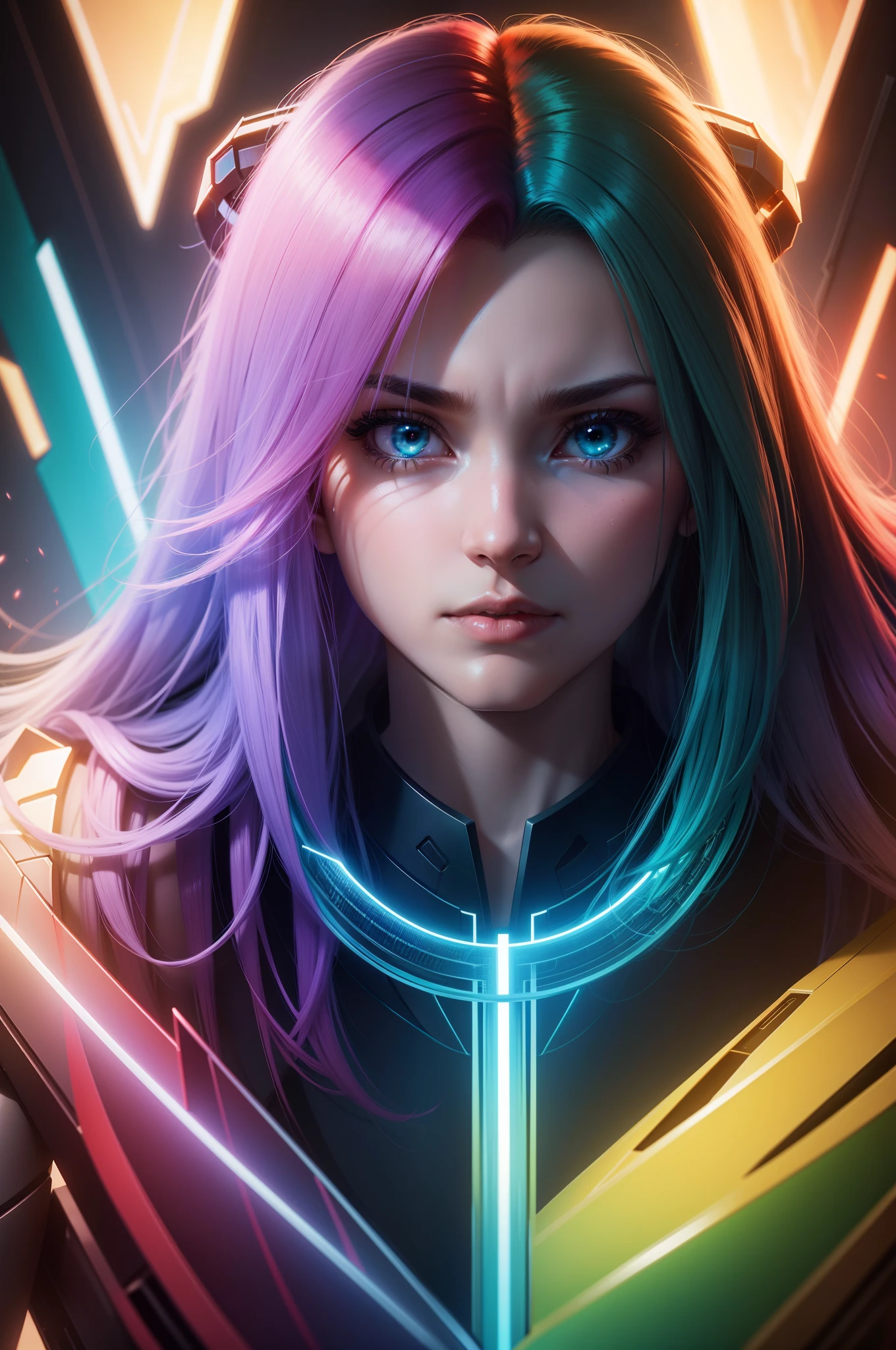 Halo, Gradient hair, Glaring, Cinematic lighting, anaglyph, god light, From below, hyper HD, Anatomically correct