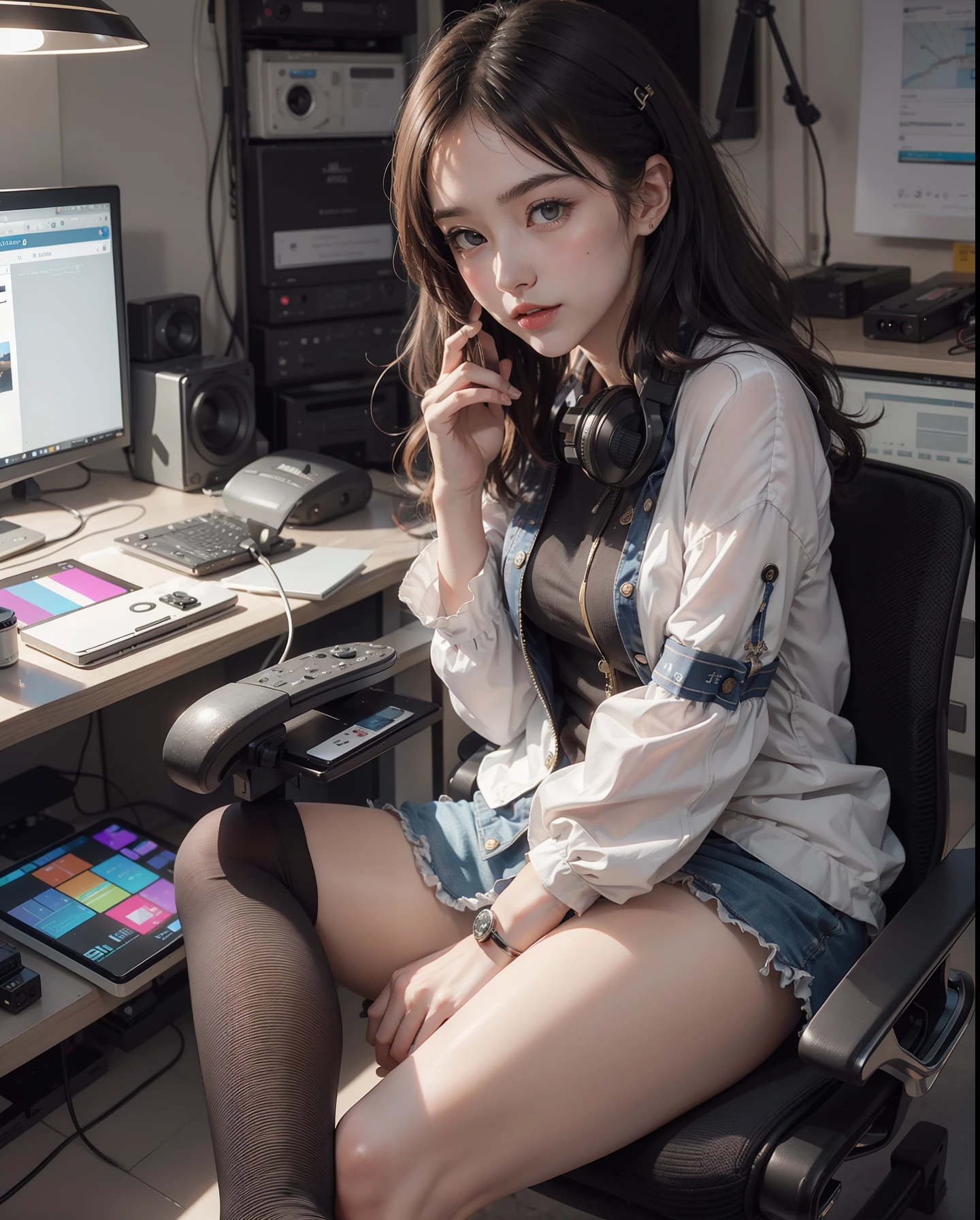 ray tracing, realistic, dramatic, 1girl, 21 year old Korean cute girl, hacker, T-shirt, jacket, around multiple monitors, headphones, from above,