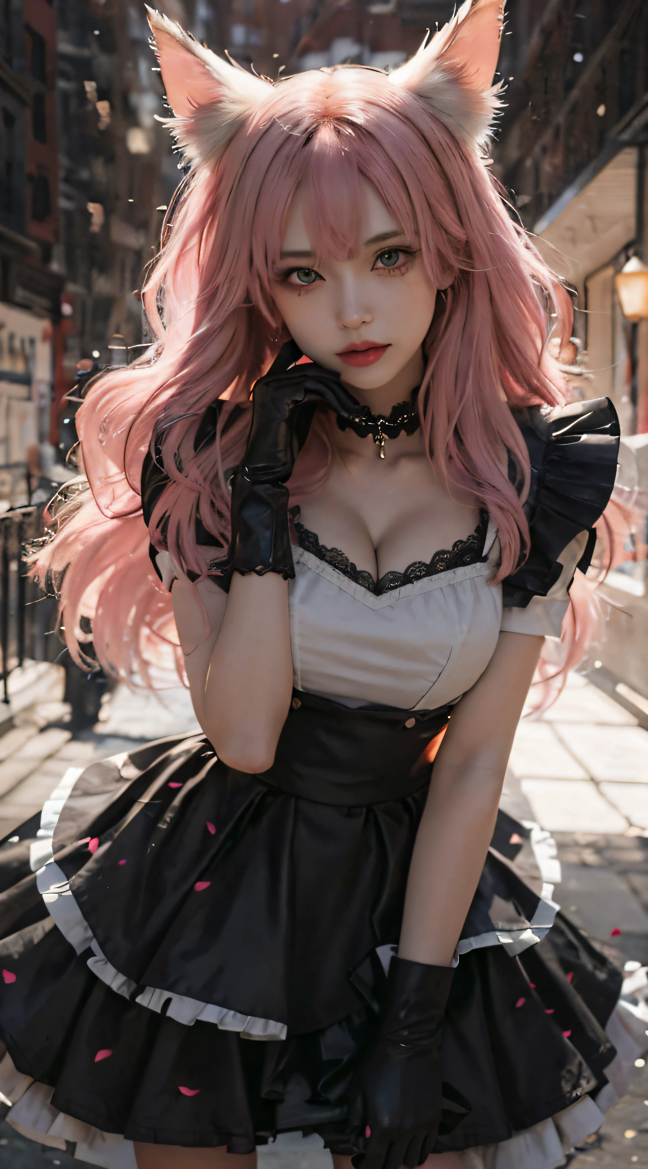 Close-up of a woman with pink hair in a dress,the maid outfit，Sexy maid，black glove， cleavage，Guviz-style artwork, Guviz, anime girl in a maid costume, 8K high quality detailed art, Guweiz in Pixiv ArtStation, Fantasy art style, beautiful anime catgirl, anime-inspired, cute anime waifu in a nice dress