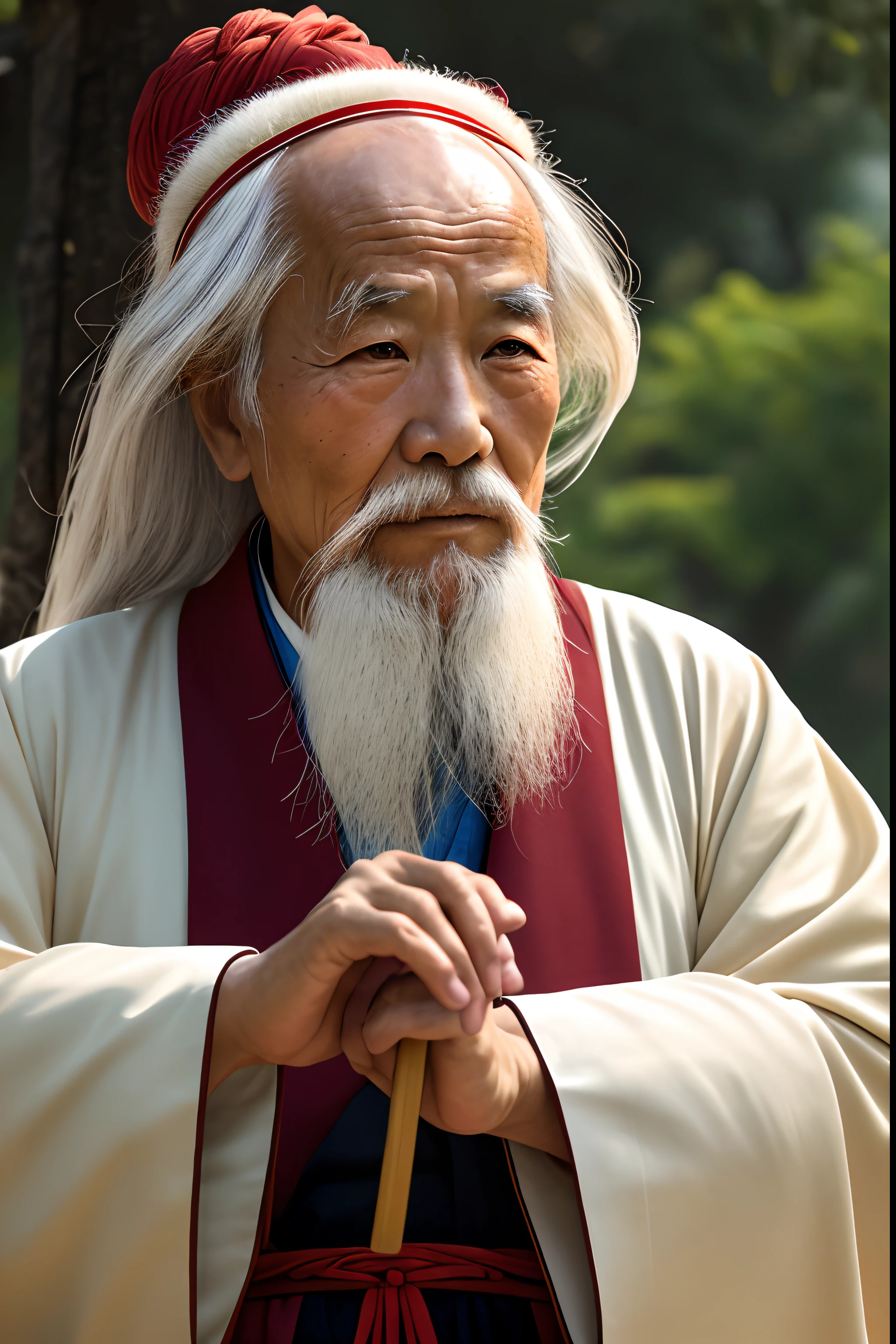 Kind old man in China,Close-up with a long beard,full bodyesbian,clad in robes,Taoist customs,Taoist master,Fairy wind road bone,Inspired by Zhang Sanfeng,inspired by Hu Zao,high-definition picture quality,Close-up of the hand