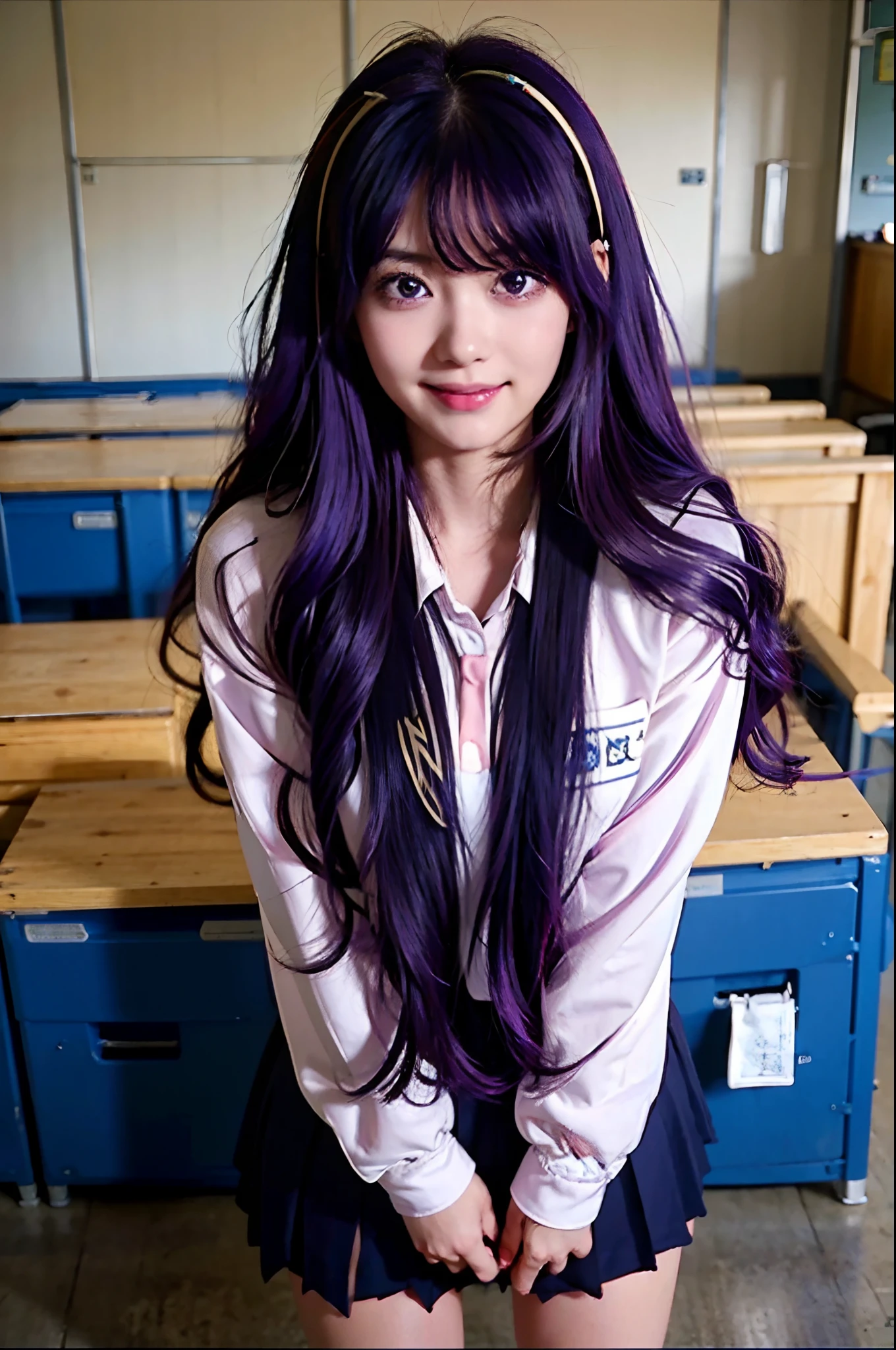 masterpiece, best quality, (1 girl,), six-point stars in the eyes, (Ai Hoshino), purple hair, happy, hair accessories,((high quality)), at school, school sailor anime uniform, wearing a backpack, bright, happy expression, smiling, long hair, flowing hair, slim body, standing by the lockers