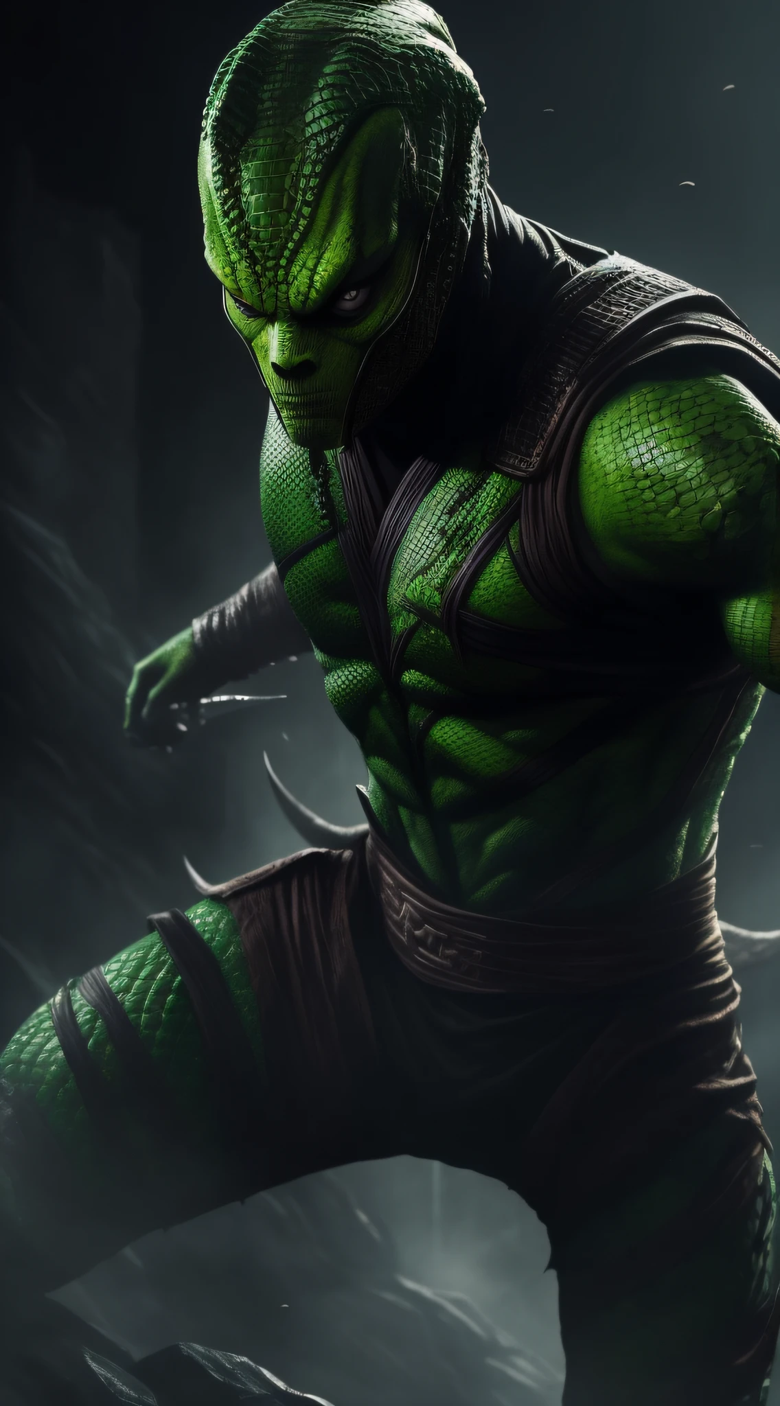 actor ((Bill Skarsgard)) as a ninja warrior Reptile, Mortal Kombat, green and black outfit, reptilian appearance, acid spit, Intricate, High Detail, Sharp focus, dramatic, photorealistic painting art by greg rutkowski