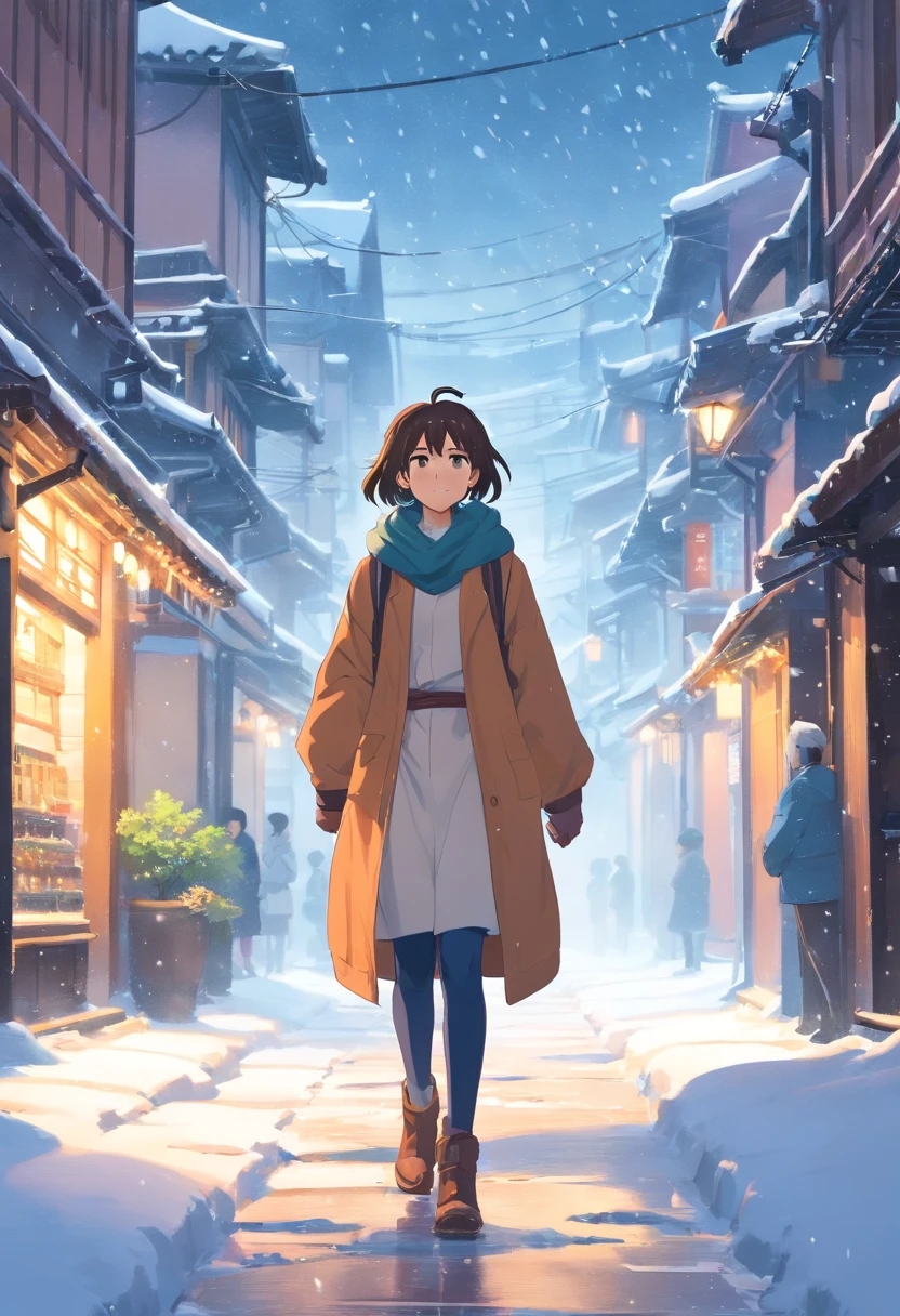 Heavy snow，A white-clothed scholar walks the streets of the ancient city