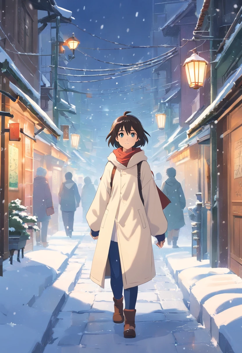 A woman walking down a snowy street in a white coat - SeaArt AI