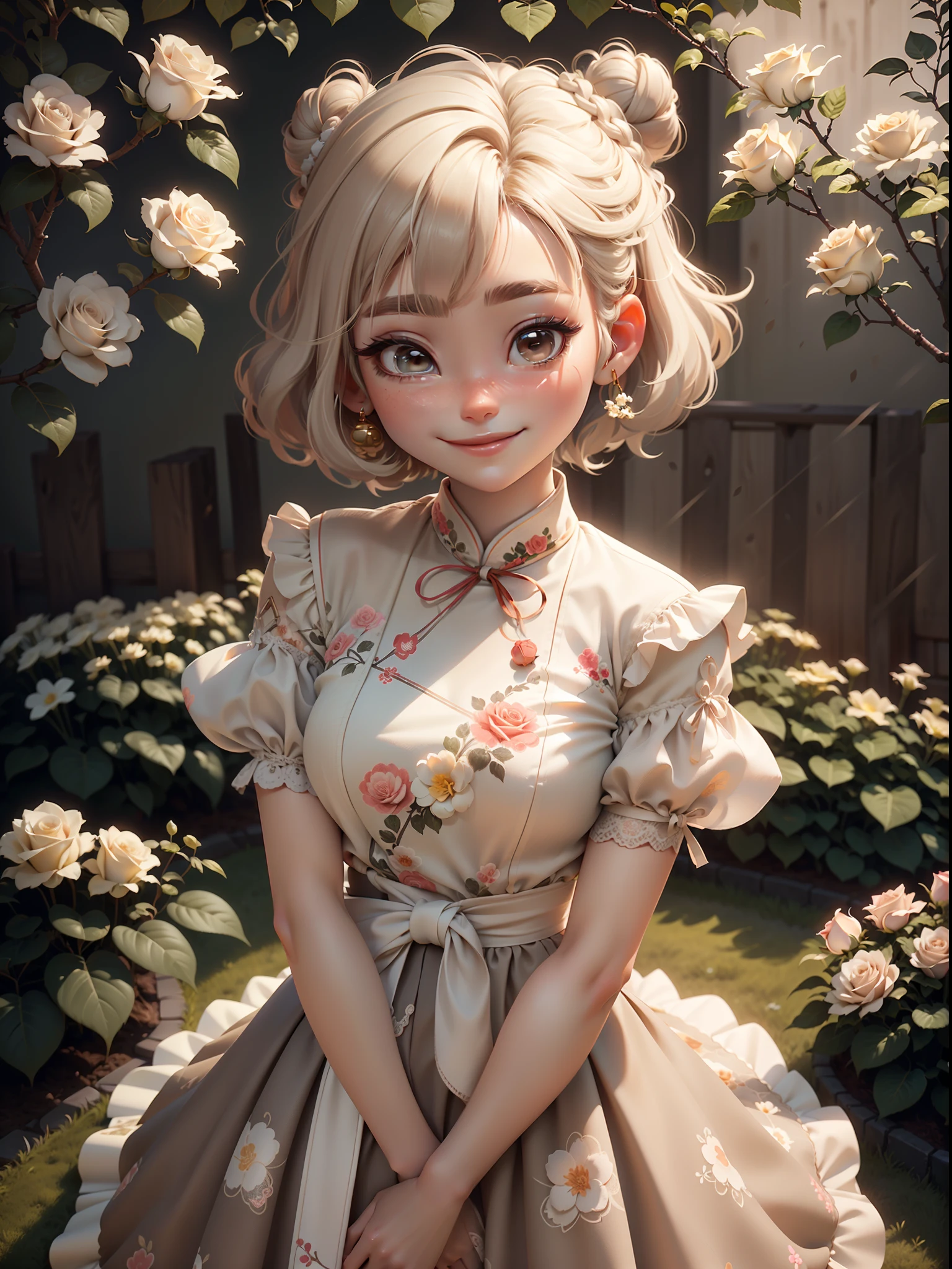 ((Short hair girl, bun hairstyle, Light-colored hair:1.2))，(pretty eyes:1)，Bow knot，(Hefty Smile:1)，（Accurate perfect Korean female face:1.2），full bodyesbian，frontage:1，centered composition，closeup view，hyper HD，(In the garden where the roses bloom)，Chinese outfit:0.8，vogue photography，High Polished