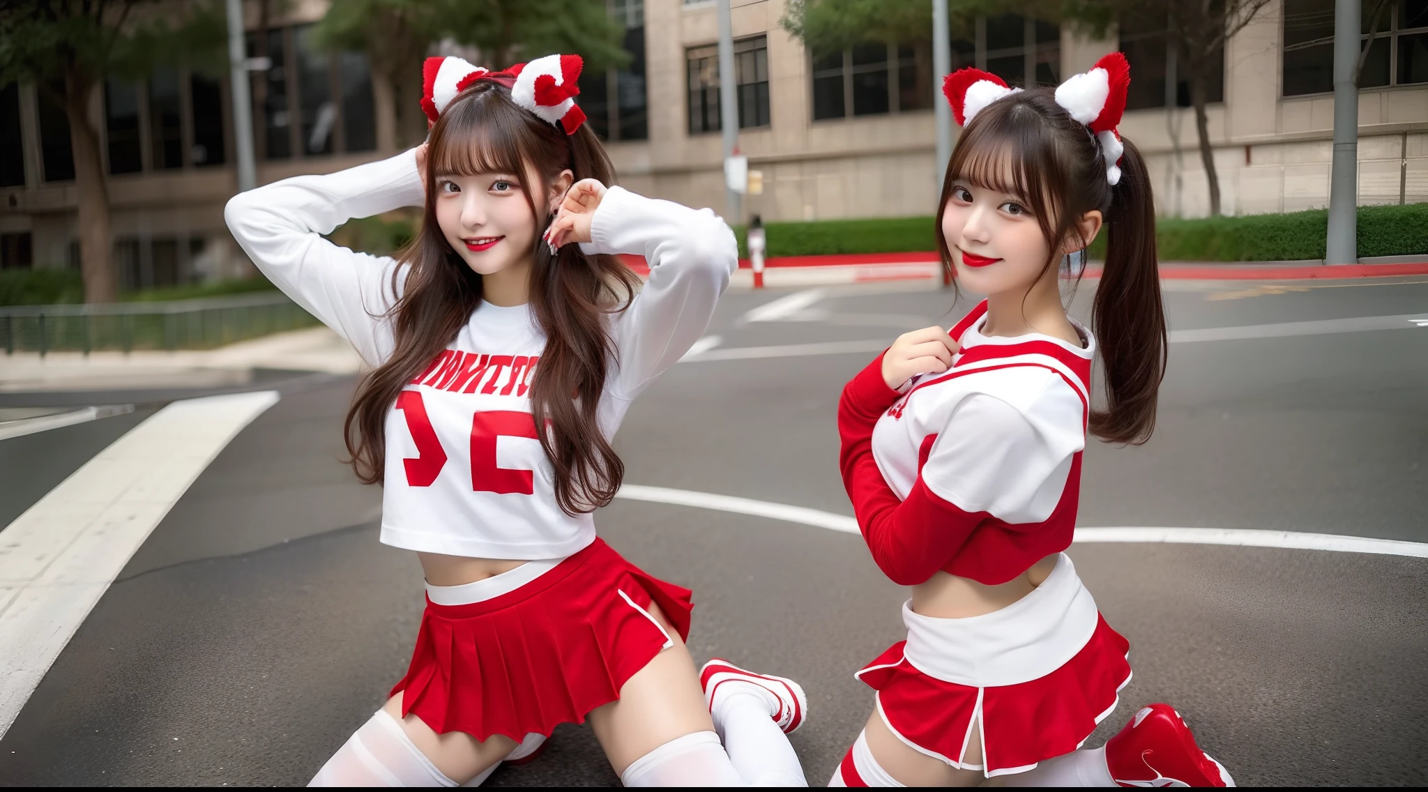 18-year-old cheergirl in red miniskirt and white t-shirt